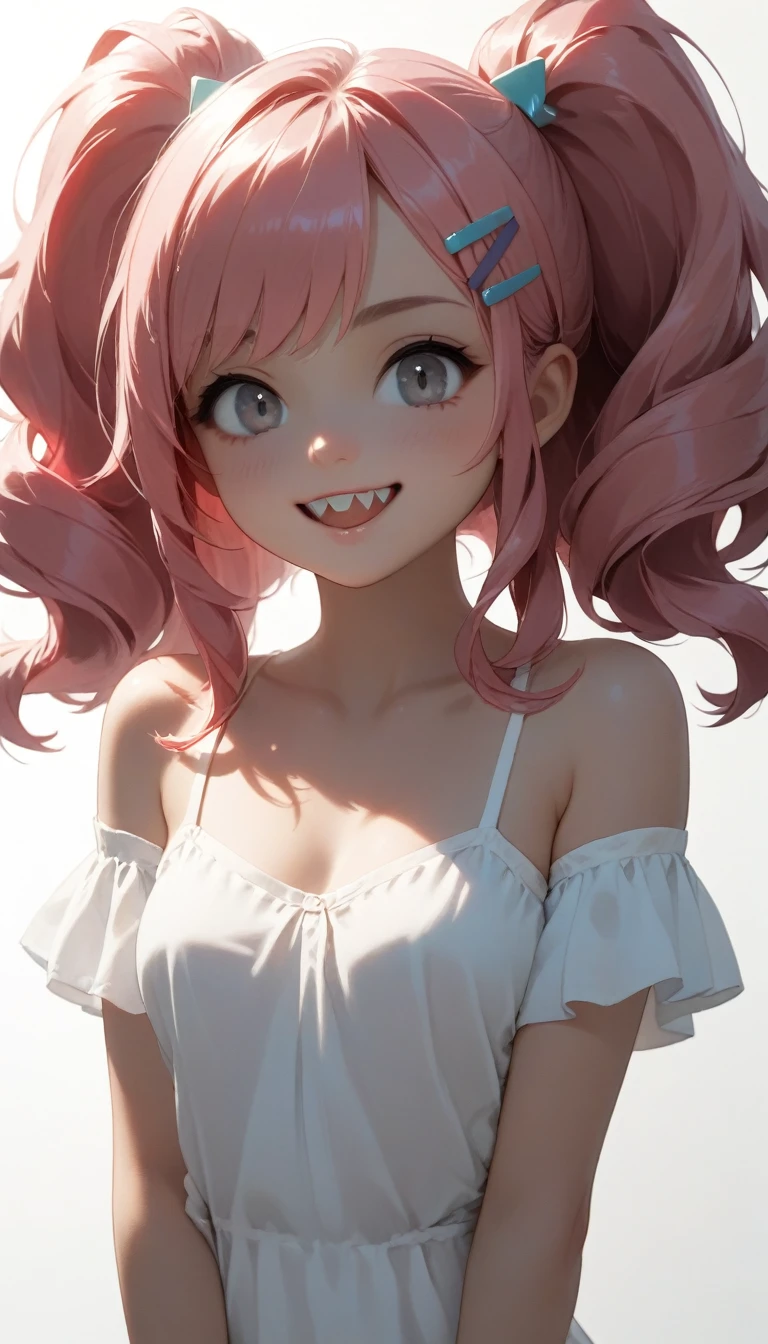Highest quality、masterpiece、One Girl、22 years old、White skin、Wicked Smile:0.8、Open your mouth、Sharp teeth、Pink Hair。Twin tails、Hair Clip、big hair clip、Cute Hair Clips、Grey Eyes、Small red cheeks and nose、break、Beauty caretaker 、