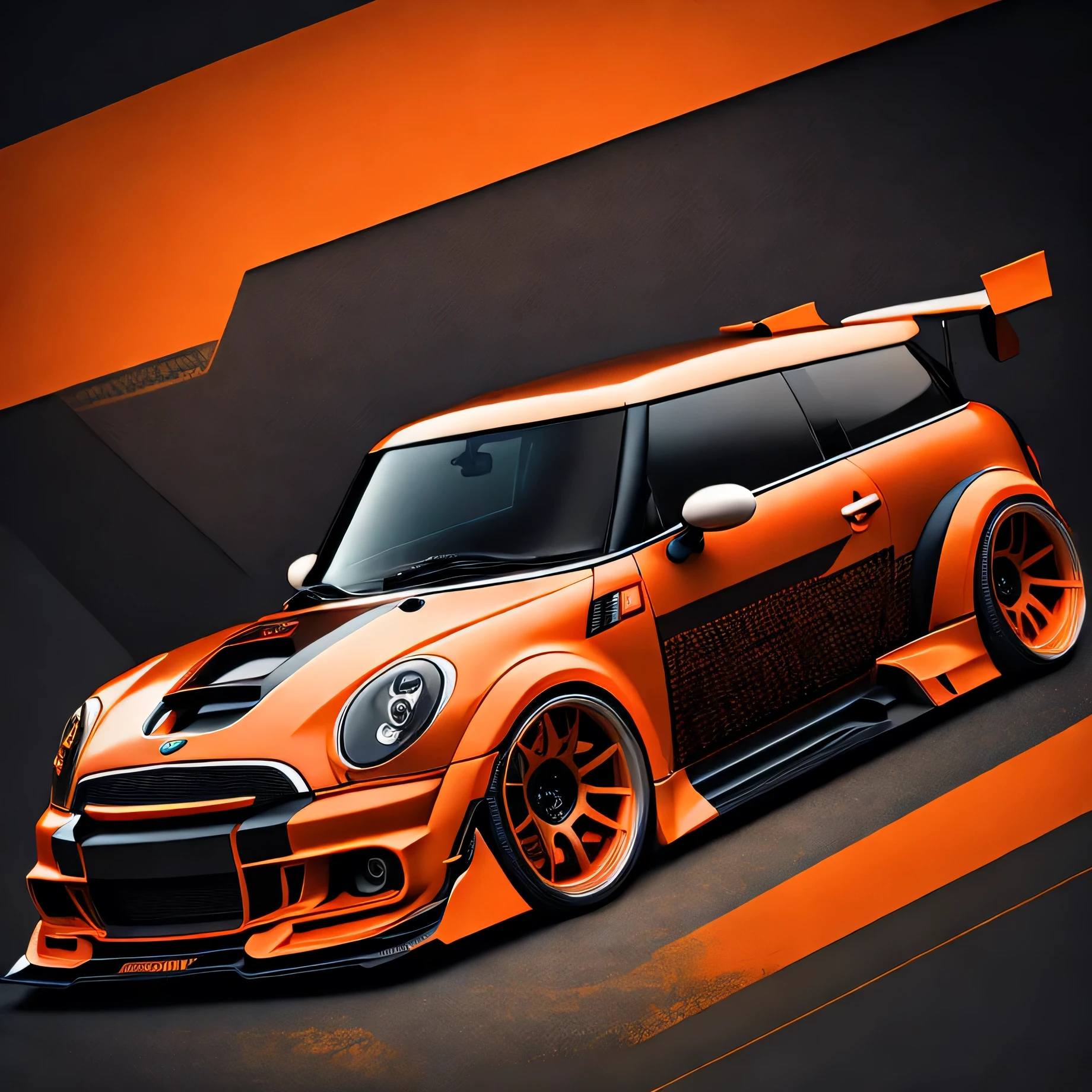 Artwork for t-shirt graphic design, bright orange coloured F56 Mini Cooper S in tunnel design, ((carbon fibre, Liberty walk ultra wide body kit)), aggressive stance ((background: racetrack, outside old industrial style building, large windows in background, overcast sky, heavy industrial look, cobble stone street)), 8K quality, realistic, realism, sharp, detailed, ultrawide, black and carbon fibre and deep candy orange colour scheme, front profile, epic stance, epic ultra wide body kit, super low stance, aggressive looks , street, background vintage pastel tone, highly detailed clean, vector image, realistic masterpiece, professional photography, realistic car, car sunrise background, flat black background, isometric, vibrant vector