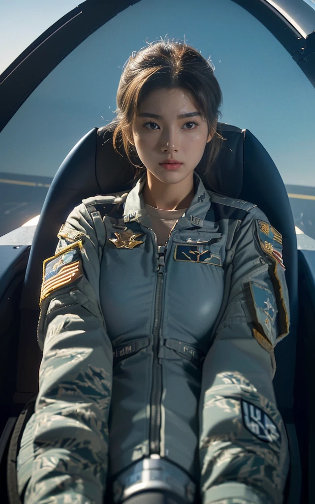 Ultra-high resolution,High-resolution details,(8K, best quality, masterpiece),{Practical, RAW photos, Ultra-fine transparent, image, (Scene style:1.6)}, Practical Light, Delicate skin, (Slim woman, 18 years old Korean girl, Perfect and delicate face,U.S. Air Force pilot:1.5), Long hair, Delicate fingers, Thin, Dynamic and sexye, (Huge, elastic, firm breasts:Sexy Fighter PiSuit,:1.2), (Top Gun, Cockpit Seats,15 fir:1.6), (United States Air Force Base:1.8), Unobscured,Beautiful scenery,
