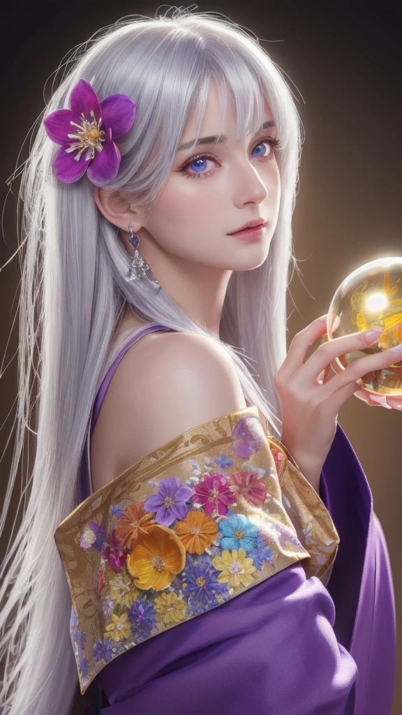 (masterpiece:1.3), (8k, photorealistic, raw photo, highest quality:1.4), (one girl), beautiful face, (realistic face), (long hair), (silver hair, near white hair, shiny hair, beautiful straight hair), (even bangs), (Sharp bangs), straight hairstyle, realistic eyes, beautiful detailed eyes (purple eyes), (sharp eyes), (realistic skin), beautiful skin, (kimono), (magician's kimono), (flower hair ornament), attractive, ultra high resolution, ultra realistic, highly detailed, golden ratio, colorful background, (flowers blooming), (energy dancing background), magician, facing forward, facing from shoulders, looking straight ahead, both shoulders facing towards you, holding crystal ball, (heart crystal ball, love crystal ball).Anatomically correct, Highest quality, accurate, High resolution, Facing forward, 