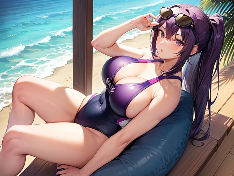 1 girl(athlete swimsuit, dark purple hair, straight hair, big breast, tall, sunglasses), sea