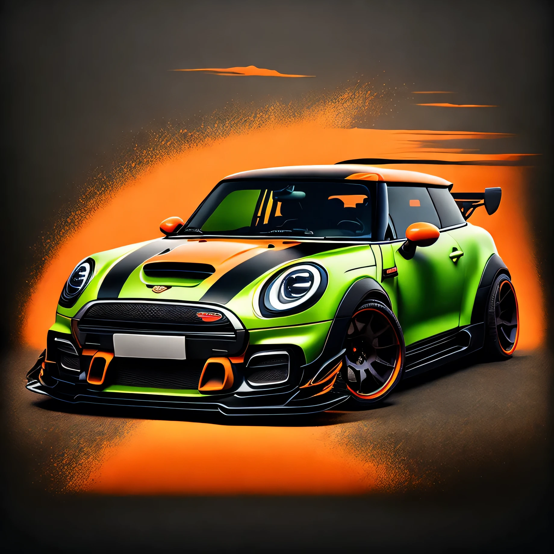 Artwork for t-shirt graphic design, bright green coloured F56 Mini Cooper S in tunnel design, ((carbon fibre, Liberty walk ultra wide body kit)), aggressive stance ((background: racetrack, outside old industrial style building, large windows in background, overcast sky, heavy industrial look, cobble stone street)), 8K quality, realistic, realism, sharp, detailed, ultrawide, black and carbon fibre and deep candy orange colour scheme, front profile, epic stance, epic ultra wide body kit, super low stance, aggressive looks , street, background vintage pastel tone, highly detailed clean, vector image, realistic masterpiece, professional photography, realistic car, car sunrise background, flat black background, isometric, vibrant vector