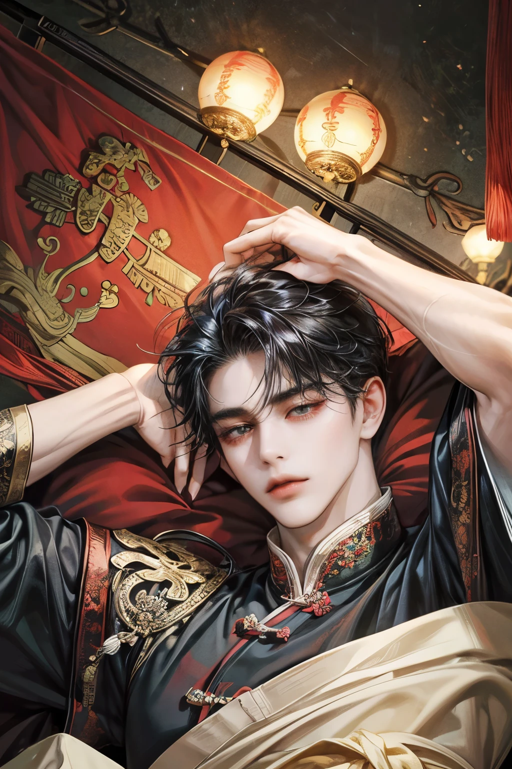 an extreamly beautiful young man lying on the old  traditional Chinese bed, beautiful eye, long lashes, messy long black hair, loose  traditional Chinese cloths, raise one arm  above head, coloful shade, hiquality, masterpiece, higly detailed