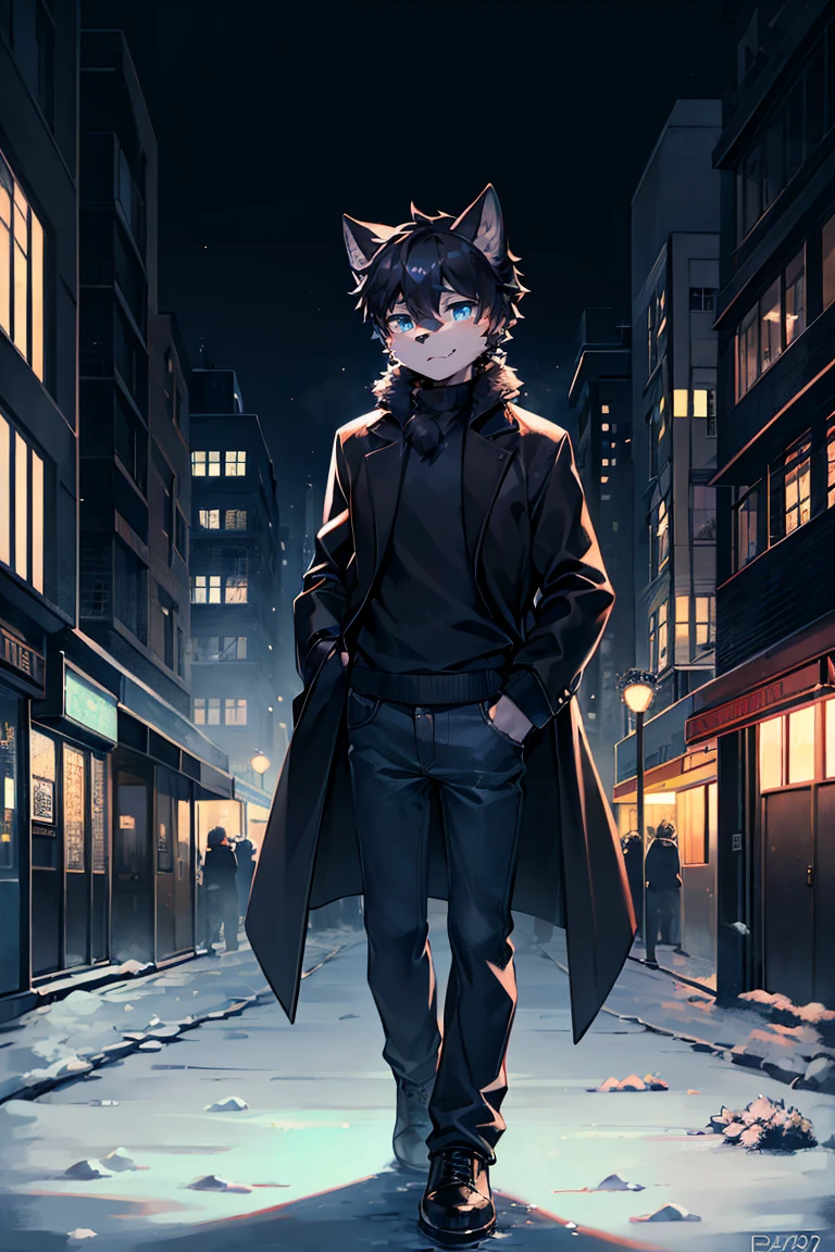 solo, 1boy, furry, anthro, anthro black cat, black nose, black bang, blue eyes, cat pupils, dressed in black wool sweater with a neck, grey drape coat and dark blue jeans, night, 50s city, winter, snow, half-body