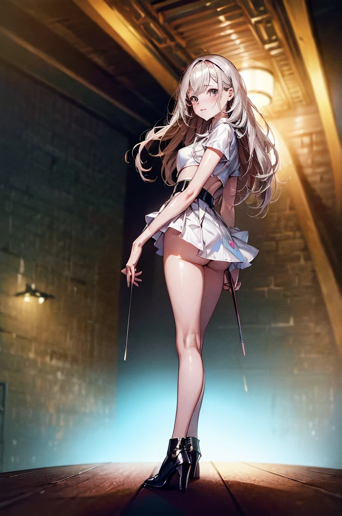 (masterpiece, high resolution, best quality,highres:1.5), CG, illustration, delicate face, cute face, shiny hair, shiny skin, kawaii, sparkling pupils, shiny enamel suit, latex, {pencil skirt | slightly flared skirt}, looking back, silver hair, BREAK black eyes, full body,