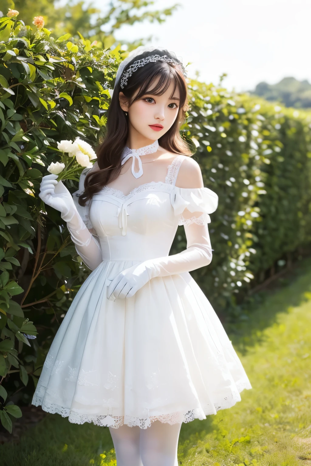 In the image、There is a female character dressed in a sweet and classic Lolita outfit.。She stands a little to the right、In her right hand she holds a large frilly parasol.、In her left hand she holds a small bouquet of flowers.。The character has long blonde hair styled in loose curls.、She is wearing a lace headpiece that matches her dress.。Her makeup is soft and natural.、Pink lipstick and light blush complement her delicate and elegant look.。

she is wearing a white dress、It has multiple layers of ruffles and lace.、Pastel floral prints add color and playfulness。The bodice is fitted、Puff sleeves and lace trim at collar and cuffs。Her outfit includes a lace choker、Matching gloves、Accessorized with white stockings、The overall look is sweet and sophisticated.。

The background is a lush garden-like setting.、It creates a quiet and romantic atmosphere。The lighting is natural、Probably from outside、Create soft shadows、It highlights the texture and detail of the dress and accessories.。

The overall atmosphere of the image is tranquil and enchanting.、It captures the essence of sweet lolita fashion with a touch of classic elegance.。