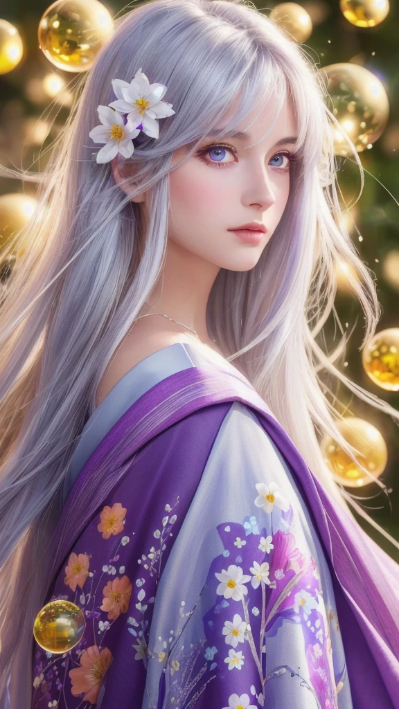 (masterpiece:1.3), (8k, photorealistic, raw photo, highest quality:1.4), (one girl), beautiful face, (realistic face), (long hair), (silver hair, near white hair, shiny hair, beautiful straight hair), (even bangs), (Sharp bangs), straight hairstyle, realistic eyes, beautiful detailed eyes (purple eyes), (sharp eyes), (realistic skin), beautiful skin, (kimono), (magician's kimono), (flower hair ornament), attractive, ultra high resolution, ultra realistic, highly detailed, golden ratio, colorful background, (flowers blooming), (energy dancing background), magician, facing forward, facing from shoulders, looking straight ahead, both shoulders facing towards you, holding crystal ball, (heart crystal ball, love crystal ball).Anatomically correct, Highest quality, accurate, High resolution, Facing forward, 