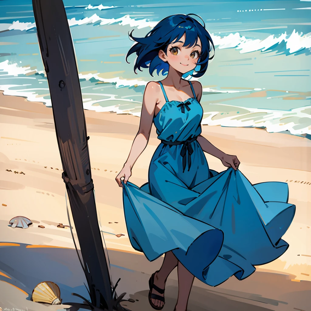 1female, Blue Hair, Yellow Sundress, Straight Hair, Brown Sandals, Casual Attire, Hazel Eyes, Smiling, , Young Female, Beach, Collecting Seashells