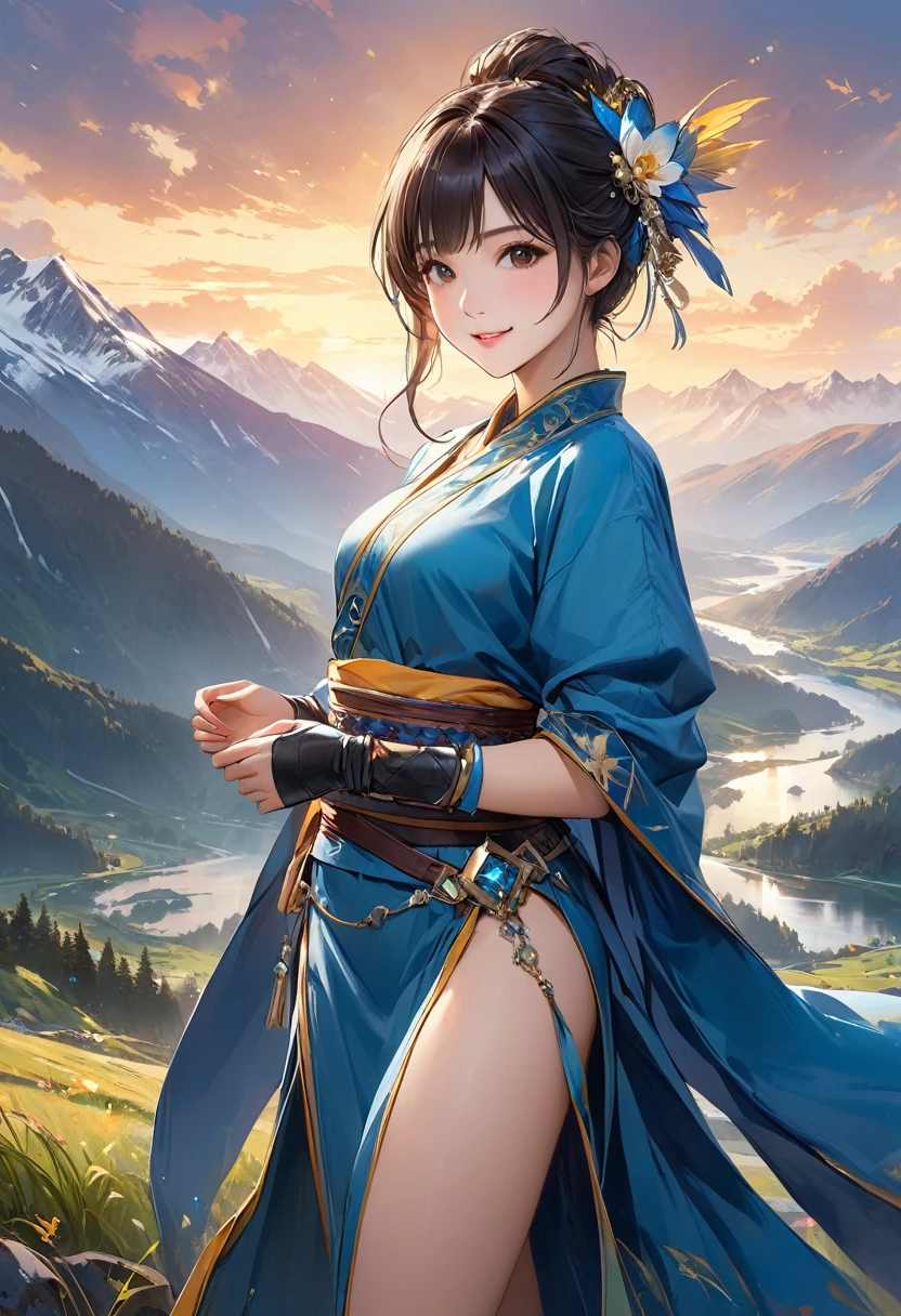 (8k, RAW Photos, Highest quality, masterpiece:1.2), Super detailed, Super Resolution, (Realistic, Realistic Photo:1.37), Portraiture, High-definition RAW color photos, Professional photos, Very detailed and beautiful, 非常にDetailed, 8k wallpaper, wonderful、Detailed, Large file size, Official Art, highly detailed CG unity 8k wallpaper, 非常にDetailed美しい女の子, 非常にDetailed顔, 非常にDetailed目, 非常にDetailed肌, Very elaborate fingers, 非常にDetailed鼻, 非常にDetailedDetailed口 , Perfect Anatomy, 非常にDetailed背景, Very fine clothing, Default Lyn, Blue clothes, Pelvic Curtain, sash, Fingerless gloves, Are standing, View your viewers, stream, Plains, Mountain々, Action pose, smile, Calm expression