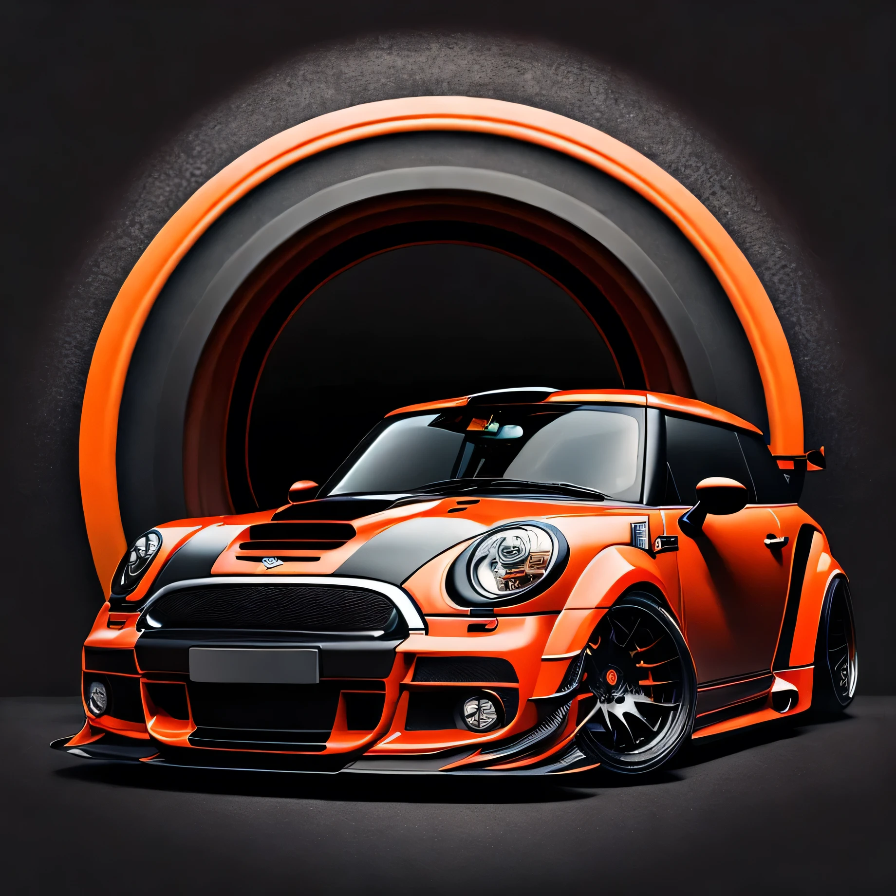 Artwork for t-shirt graphic circle design, bright candy apple red coloured F56 Mini Cooper S in tunnel design, ((carbon fibre, Liberty walk ultra wide body kit)), aggressive stance ((background: racetrack, outside old industrial style building, large windows in background, overcast sky, heavy industrial look, cobble stone street)), 8K quality, realistic, realism, sharp, detailed, ultrawide, black and carbon fibre and deep candy orange colour scheme, front profile, epic stance, epic ultra wide body kit, super low stance, aggressive looks , street, background vintage pastel tone, highly detailed clean, vector image, realistic masterpiece, professional photography, realistic car, car sunrise background, flat black background, isometric, vibrant vector