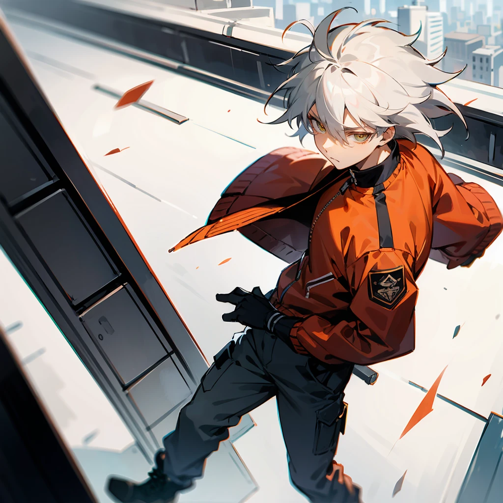 1male, White Hair, Red Bomber Jacket, Messy Hair, Grey Cargo Pants, Combat Boots, Amber Eyes, Focused Expression, Athletic, Adult Male, Urban Rooftop, Looking out over the City