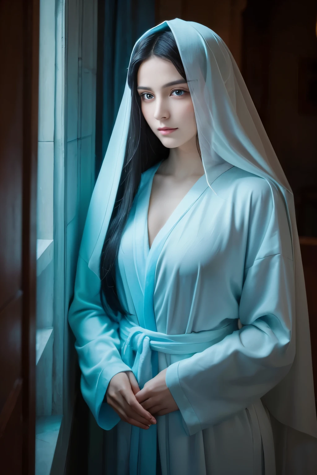 Mother of Jesus, Black hair and green eyes, light brown skin, Wearing a light blue robe, And a sky-blue veil, A calm expression that brings peace (whole body) Near the window, Illuminated by the moonlight (Magnificent and realistic)