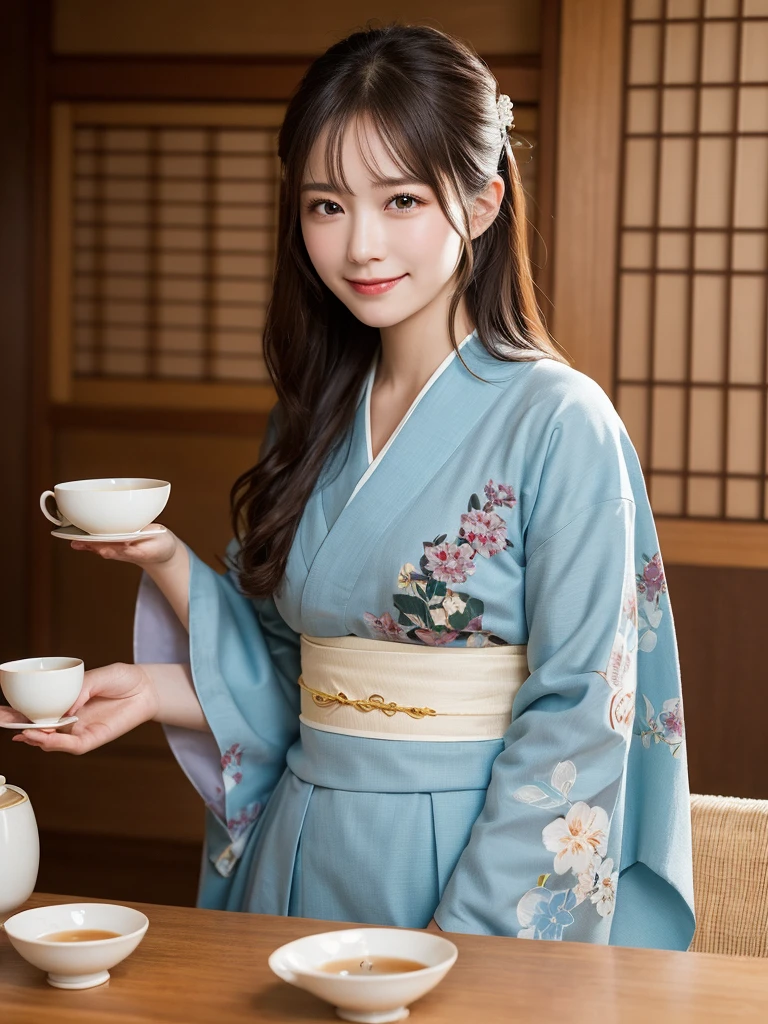 masterpiece, best quality, illustration, ultra-detailed, finely detailed, high resolution, 8K wallpaper, perfect dynamic composition, beautiful detailed eyes, tea ceremony, traditional japanese kimono, long hair, calm expression, cute, smile, looking at camera