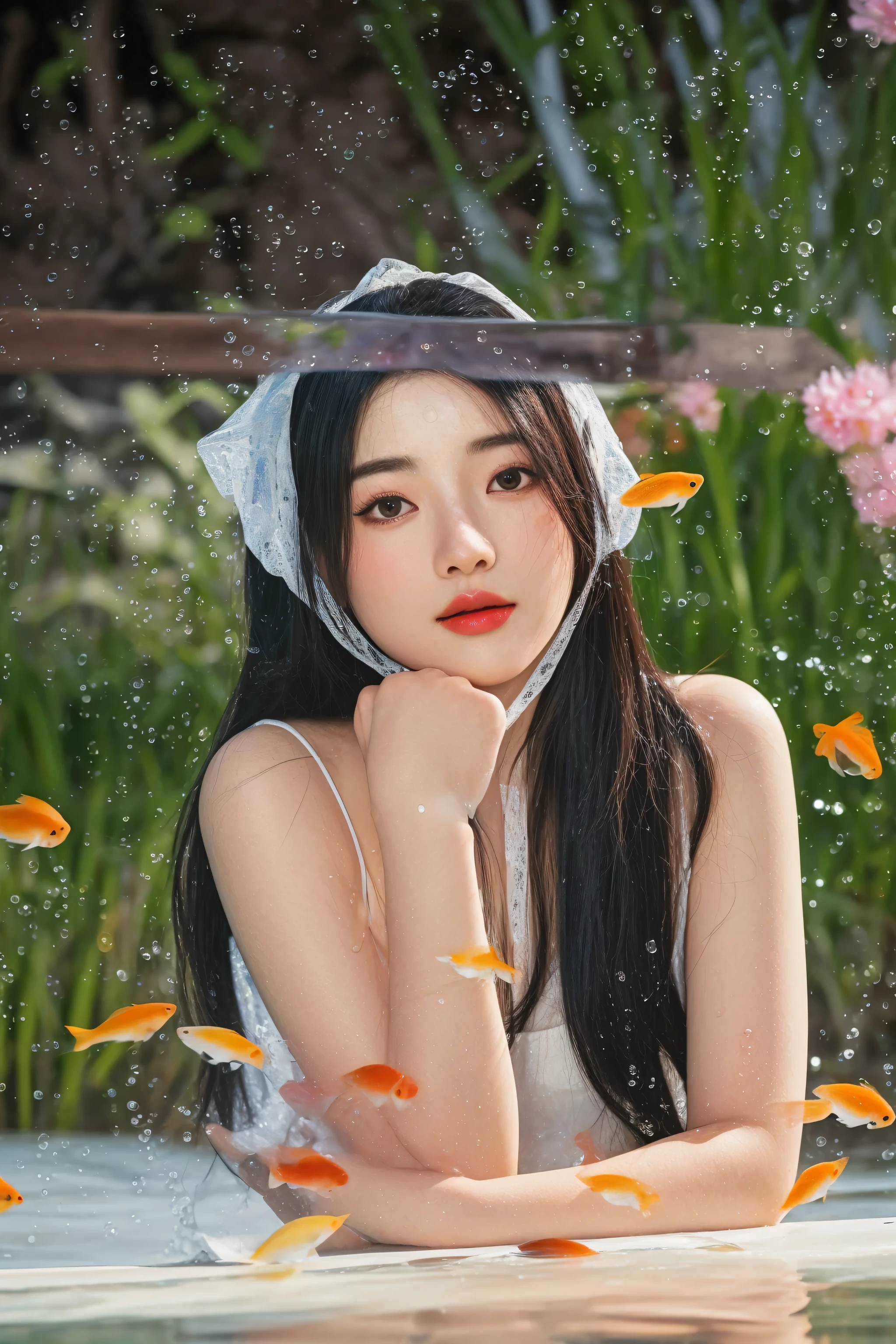 there is a woman that is sitting in a pool with fish, jingna zhang, artwork in the style of guweiz, guweiz, koi, closeup fantasy with water magic, in a pond, wenfei ye, portrait of female korean idol, official artwork, jaeyeon nam, taejune kim, fish in the background, xintong chen
