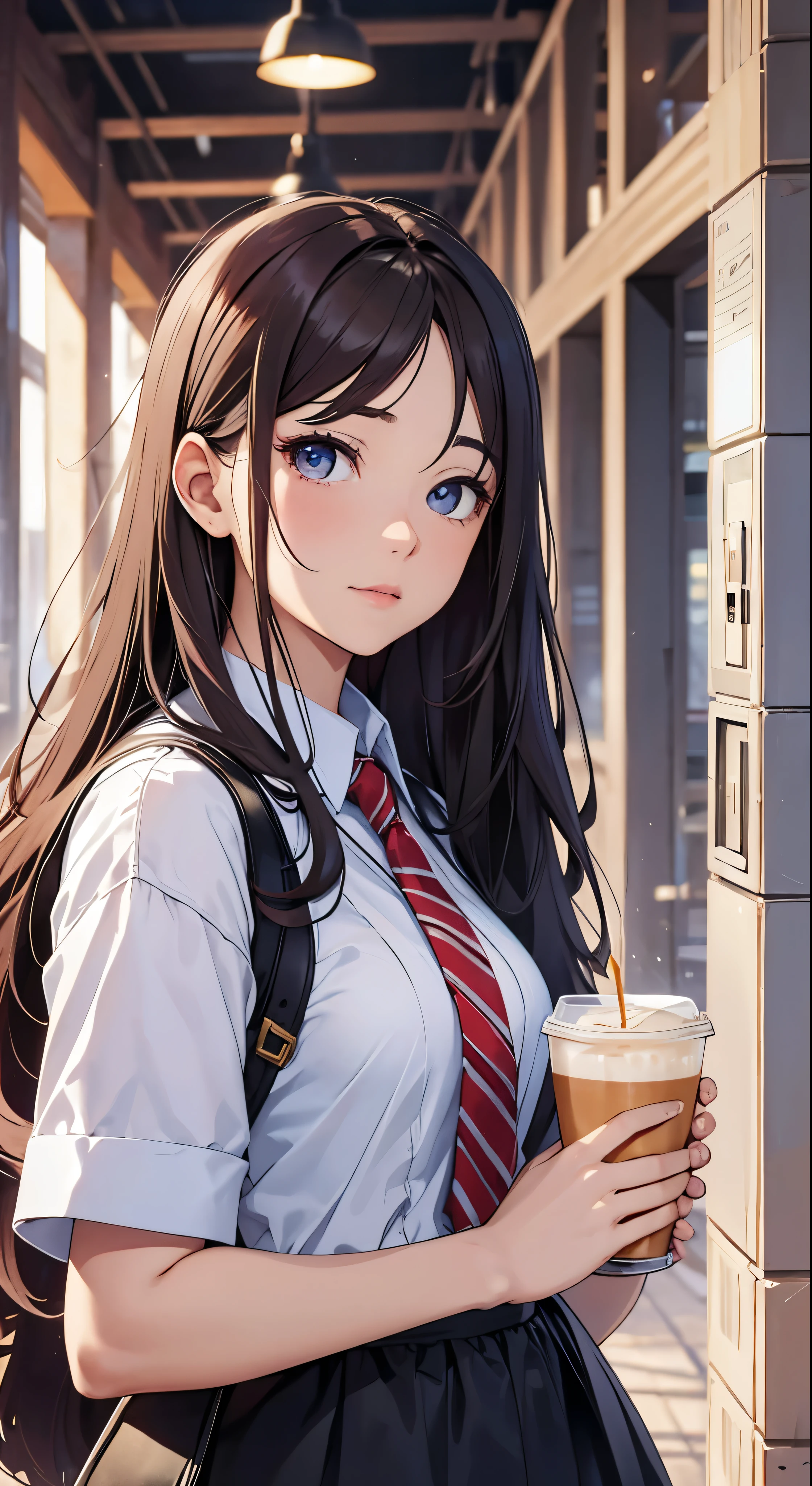 with high definition images，Anime Girls，Young girl holding a cup of coffee in her hands、Cute little face girl、Cute natural anime face、Cute - Detailed - Face、Sakimi-chan、Chiho、Yoshitomo Nara、Young pretty face、Beautiful Japanese girl face、Brown hair and big eyes、Cute pretty girl、Beautiful light big eyes