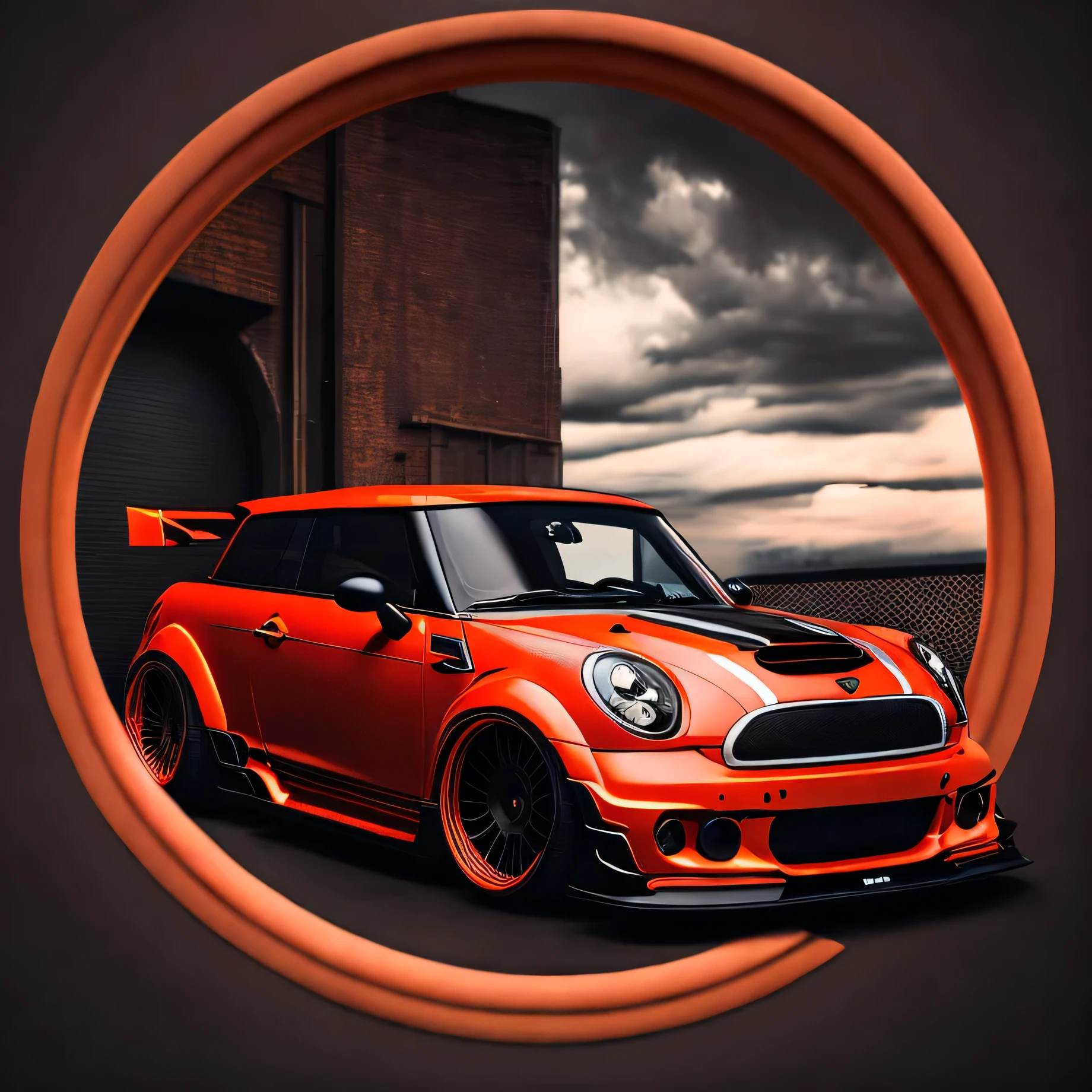Artwork for t-shirt graphic circle design, bright candy apple red coloured F56 Mini Cooper S in tunnel design, ((carbon fibre, Liberty walk ultra wide body kit)), aggressive stance ((background: racetrack, outside old industrial style building, large windows in background, overcast sky, heavy industrial look, cobble stone street)), 8K quality, realistic, realism, sharp, detailed, ultrawide, black and carbon fibre and deep candy orange colour scheme, front profile, epic stance, epic ultra wide body kit, super low stance, aggressive looks , street, background vintage pastel tone, highly detailed clean, vector image, realistic masterpiece, professional photography, realistic car, car sunrise background, flat black background, isometric, vibrant vector