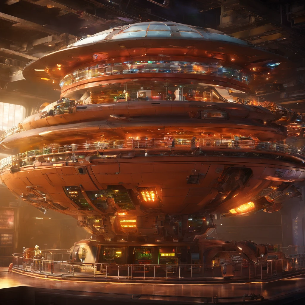 A stunning 3D render of an enormous factory space station, blending dark beach orange and metallic accents. The station resembles a mix of Babylon 5 and Deep Space 9, with six O'Neal Class space stations surrounding it and hundreds of starships creating a bustling atmosphere. Make a realistic starship out of something resembling 2 humongous steel cans, that are 244' long as 2 separate areas for the crew living quarters, the bridge , & control rooms for fresh food, and make them on a 45° angle from the front of the 144' in diameter elliptical body. The body has the engine room, and the guts of the ship. Now make nacels, that resemble AAA batteries, that are 96' long and tubular, and 90° angle above the back of the ship. This ship is orbiting Saturn and is near one of Saturn's Rings. Make a realistic starship out of something resembling 2 humongous steel cans, that are 244' long as 2 separate areas for the crew living quarters, the bridge , & control rooms for fresh food, and make them on a 45° angle from the front of the 144' in diameter elliptical body. The body has the engine room, and the guts of the ship. Now make nacels, that resemble AAA batteries, that are 96' long and tubular, and 90° angle above the back of the ship. This ship is orbiting Saturn and is near one of Saturn's Rings. Make a realistic starship out of something resembling 2 humongous steel cans, that are 244' long as 2 separate areas for the crew living quarters, the bridge , & control rooms for fresh food, and make them on a 45° angle from the front of the 144' in diameter elliptical body. The body has the engine room, and the guts of the ship. Now make nacels, that resemble AAA batteries, that are 96' long and tubular, and 90° angle above the back of the ship. This ship is orbiting Saturn and is near one of Saturn's Rings. The colossal factory shipyard features a stunning contrast against the blackness of space, with vibrant glass, crystal, and diamond elements. The overall ambiance of the scene