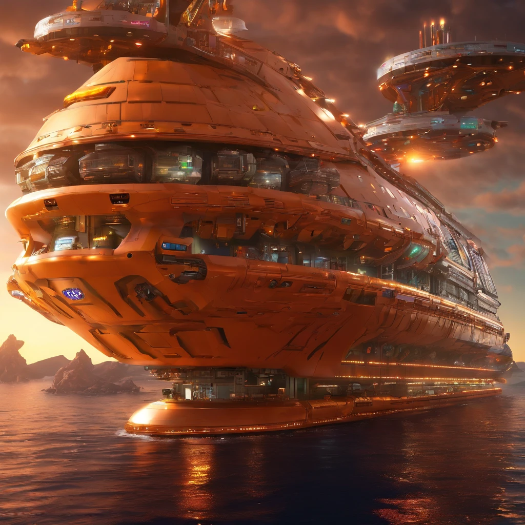 A stunning 3D render of an enormous factory space station, blending dark beach orange and metallic accents. The station resembles a mix of Babylon 5 and Deep Space 9, with six O'Neal Class space stations surrounding it and hundreds of starships creating a bustling atmosphere. Make a realistic starship out of something resembling 2 humongous steel cans, that are 244' long as 2 separate areas for the crew living quarters, the bridge , & control rooms for fresh food, and make them on a 45° angle from the front of the 144' in diameter elliptical body. The body has the engine room, and the guts of the ship. Now make nacels, that resemble AAA batteries, that are 96' long and tubular, and 90° angle above the back of the ship. This ship is orbiting Saturn and is near one of Saturn's Rings. Make a realistic starship out of something resembling 2 humongous steel cans, that are 244' long as 2 separate areas for the crew living quarters, the bridge , & control rooms for fresh food, and make them on a 45° angle from the front of the 144' in diameter elliptical body. The body has the engine room, and the guts of the ship. Now make nacels, that resemble AAA batteries, that are 96' long and tubular, and 90° angle above the back of the ship. This ship is orbiting Saturn and is near one of Saturn's Rings. Make a realistic starship out of something resembling 2 humongous steel cans, that are 244' long as 2 separate areas for the crew living quarters, the bridge , & control rooms for fresh food, and make them on a 45° angle from the front of the 144' in diameter elliptical body. The body has the engine room, and the guts of the ship. Now make nacels, that resemble AAA batteries, that are 96' long and tubular, and 90° angle above the back of the ship. This ship is orbiting Saturn and is near one of Saturn's Rings. The colossal factory shipyard features a stunning contrast against the blackness of space, with vibrant glass, crystal, and diamond elements. The overall ambiance of the scene