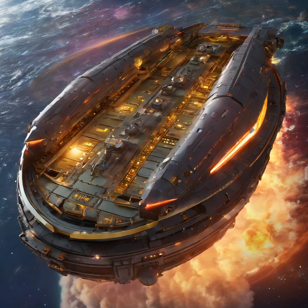 A stunning 3D render of an enormous factory space station, blending dark beach orange and metallic accents. The station resembles a mix of Babylon 5 and Deep Space 9, with six O'Neal Class space stations surrounding it and hundreds of starships creating a bustling atmosphere. Make a realistic starship out of something resembling 2 humongous steel cans, that are 244' long as 2 separate areas for the crew living quarters, the bridge , & control rooms for fresh food, and make them on a 45° angle from the front of the 144' in diameter elliptical body. The body has the engine room, and the guts of the ship. Now make nacels, that resemble AAA batteries, that are 96' long and tubular, and 90° angle above the back of the ship. This ship is orbiting Saturn and is near one of Saturn's Rings. Make a realistic starship out of something resembling 2 humongous steel cans, that are 244' long as 2 separate areas for the crew living quarters, the bridge , & control rooms for fresh food, and make them on a 45° angle from the front of the 144' in diameter elliptical body. The body has the engine room, and the guts of the ship. Now make nacels, that resemble AAA batteries, that are 96' long and tubular, and 90° angle above the back of the ship. This ship is orbiting Saturn and is near one of Saturn's Rings. Make a realistic starship out of something resembling 2 humongous steel cans, that are 244' long as 2 separate areas for the crew living quarters, the bridge , & control rooms for fresh food, and make them on a 45° angle from the front of the 144' in diameter elliptical body. The body has the engine room, and the guts of the ship. Now make nacels, that resemble AAA batteries, that are 96' long and tubular, and 90° angle above the back of the ship. This ship is orbiting Saturn and is near one of Saturn's Rings. The colossal factory shipyard features a stunning contrast against the blackness of space, with vibrant glass, crystal, and diamond elements. The overall ambiance of the scene