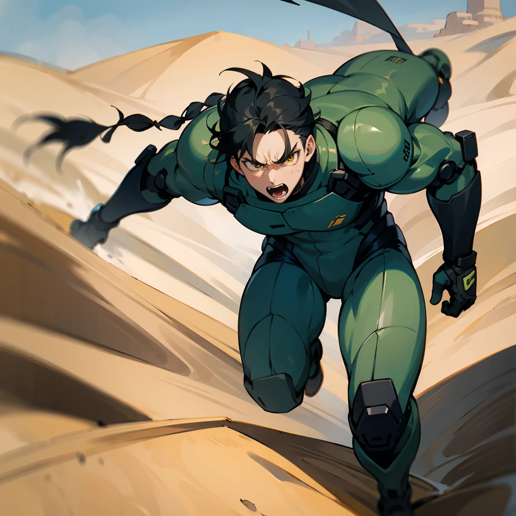 1male, Black Hair, Green Combat Suit, Braided Hair, Black Boots, Tactical Gear, Yellow Eyes, Angry Expression, Tall, Young Male, Desert, Running across the Sand Dunes