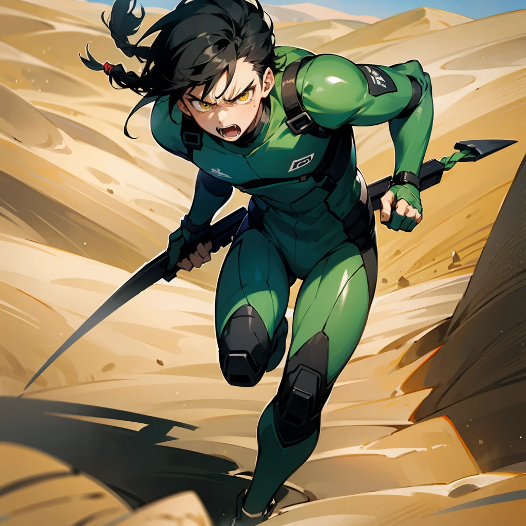 1male, Black Hair, Green Combat Suit, Braided Hair, Black Boots, Tactical Gear, Yellow Eyes, Angry Expression, Tall, Young Male, Desert, Running across the Sand Dunes