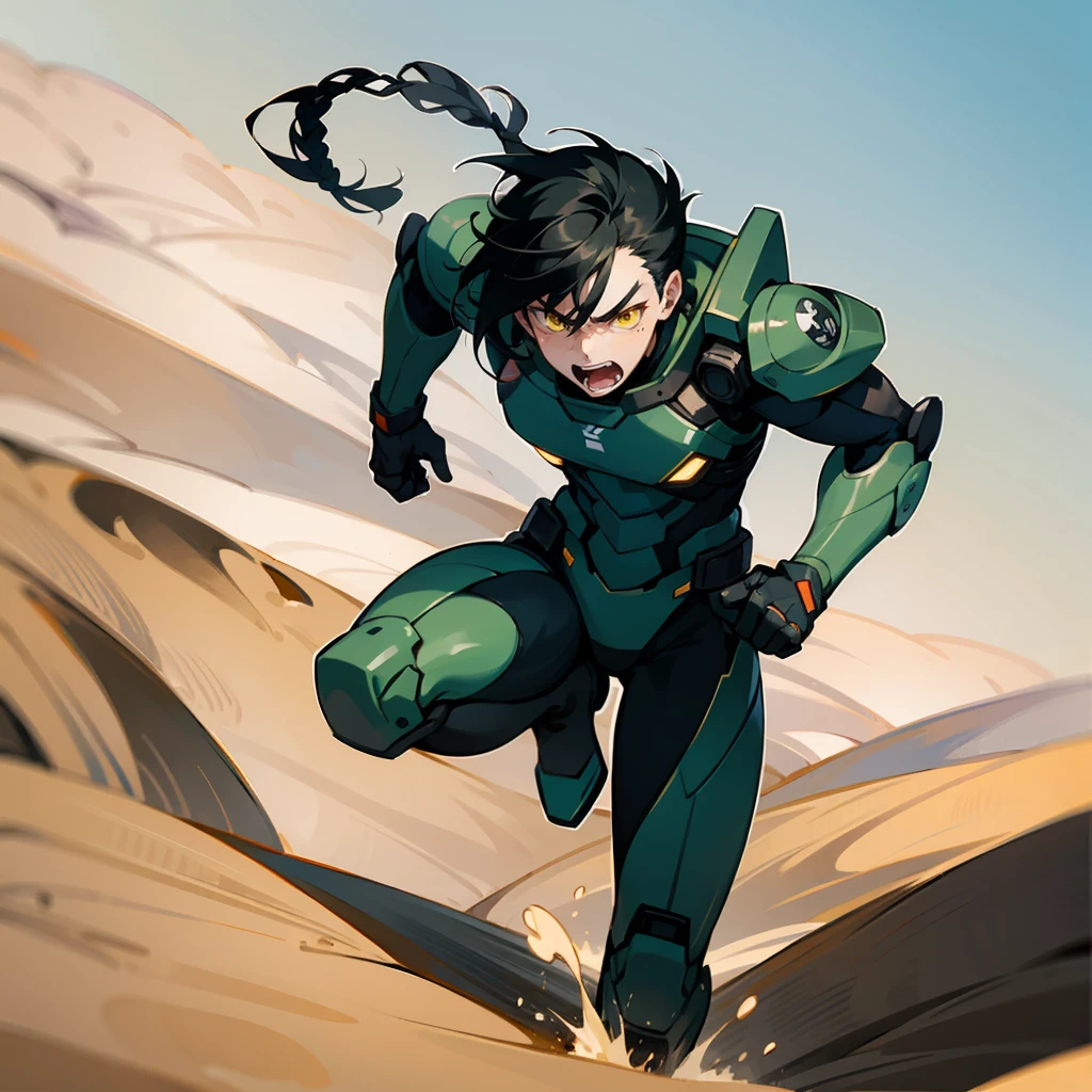 1male, Black Hair, Green Combat Suit, Braided Hair, Black Boots, Tactical Gear, Yellow Eyes, Angry Expression, Tall, Young Male, Desert, Running across the Sand Dunes
