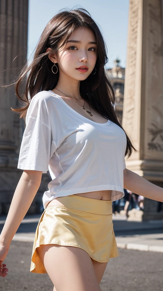 ((Walking under the obelisk at the Place de la Concorde:1.5)), (masterpiece:1.3), light makeup, red lips, beautiful hair, (Medium Hair:1.3), elegant, soft lighting, Very fine details, masterworks, authentic texture, perfect work, 16k, high resolution, exquisite features, brown eyes, (Ultra-high resolution eye:1.1), Japanese idol, beautiful face, (gentle smile like a goddess), attractive, well-shaped breasts, beautiful cleavage, shiny skin, smooth skin, BREAK, ((White oversized t-shirt and Flared micro mini skirt:1.3)), BREAK, (See-through Light yellow silk tight bra and high leg thong panties), earrings, necklace, BREAK, standing position, upper body, Leaning forward, shoot from below,