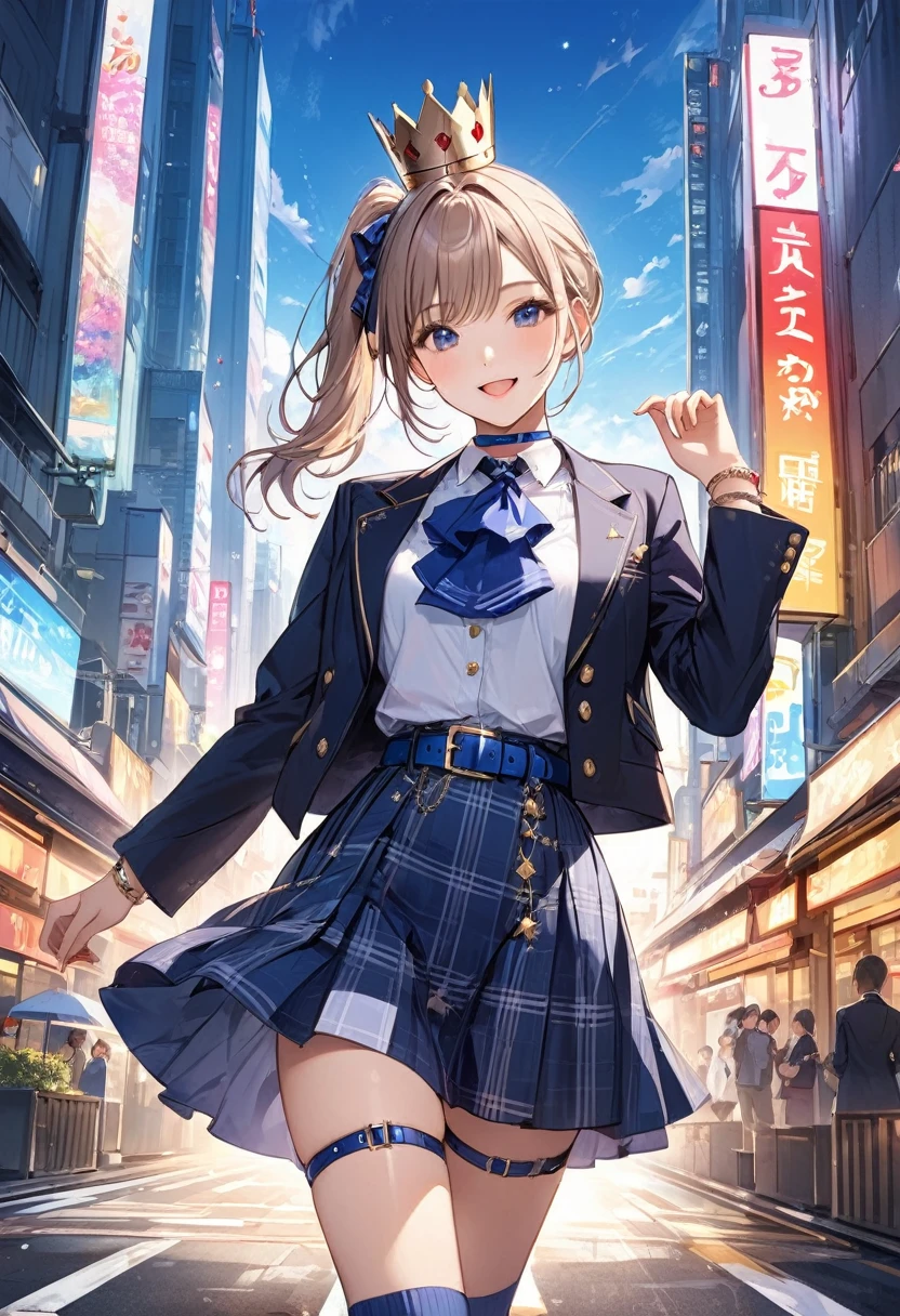 masterpiece、Highest quality、there is nothing、Sweet 1、One Girl、solo、Side Ponytail、Star Seven Mercury、gem、One-footed socks、Thigh straps、bracelet、Blue socks、button、Single knee-high、Plaid Dresses、Blue choker、Blue Belt、Checkered Skirt Crown、Grey Skirt、Blue Ascot、Long sleeve、Plaid jacket、Cowboy Shot、Laughter、Tokyo cityscape