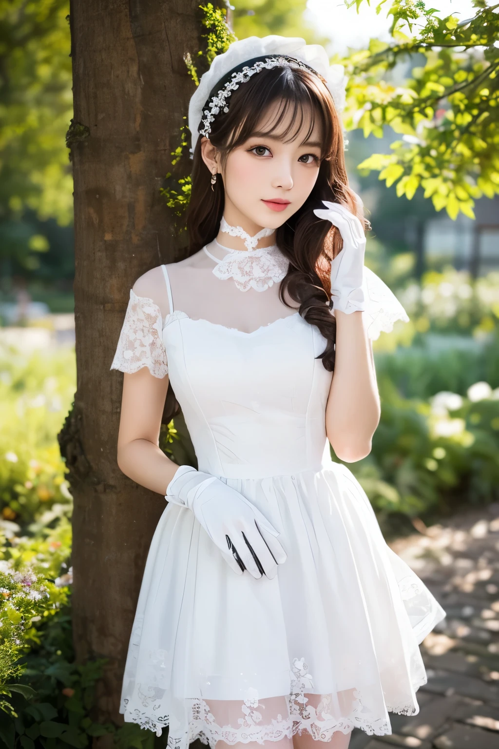 In the image、There is a female character dressed in a sweet and classic Lolita outfit.。She stands a little to the right、In her right hand she holds a large frilly parasol.、In her left hand she holds a small bouquet of flowers.。The character has long blonde hair styled in loose curls.、She is wearing a lace headpiece that matches her dress.。Her makeup is soft and natural.、Pink lipstick and light blush complement her delicate and elegant look.。
she is wearing a white dress、It has multiple layers of ruffles and lace.、Pastel floral prints add color and playfulness。The bodice is fitted、Puff sleeves and lace trim at collar and cuffs。Her outfit includes a lace choker、Matching gloves、Accessorized with white stockings、The overall look is sweet and sophisticated.。
The background is a lush garden-like setting.、It creates a quiet and romantic atmosphere。The lighting is natural、Probably from outside、Create soft shadows、It highlights the texture and detail of the dress and accessories.。
The overall atmosphere of the image is tranquil and enchanting.、It captures the essence of sweet lolita fashion with a touch of classic elegance.。