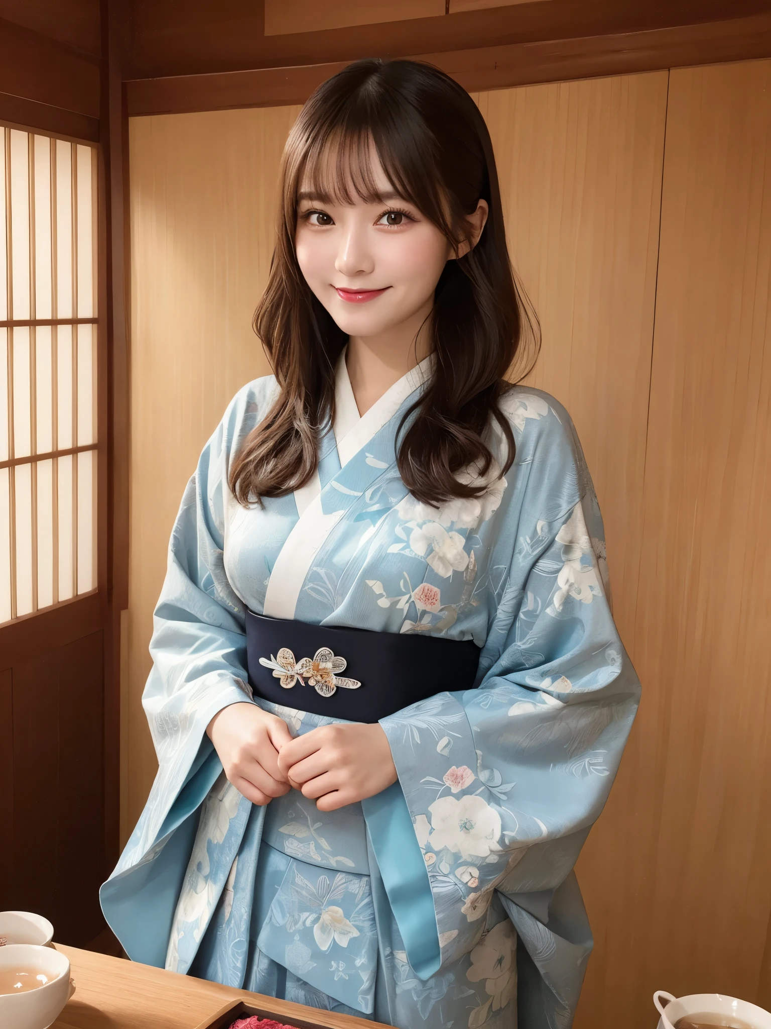 masterpiece, best quality, illustration, ultra-detailed, finely detailed, high resolution, 8K wallpaper, perfect dynamic composition, beautiful detailed eyes, tea ceremony, traditional japanese kimono, long hair, calm expression, cute, smile, looking at camera