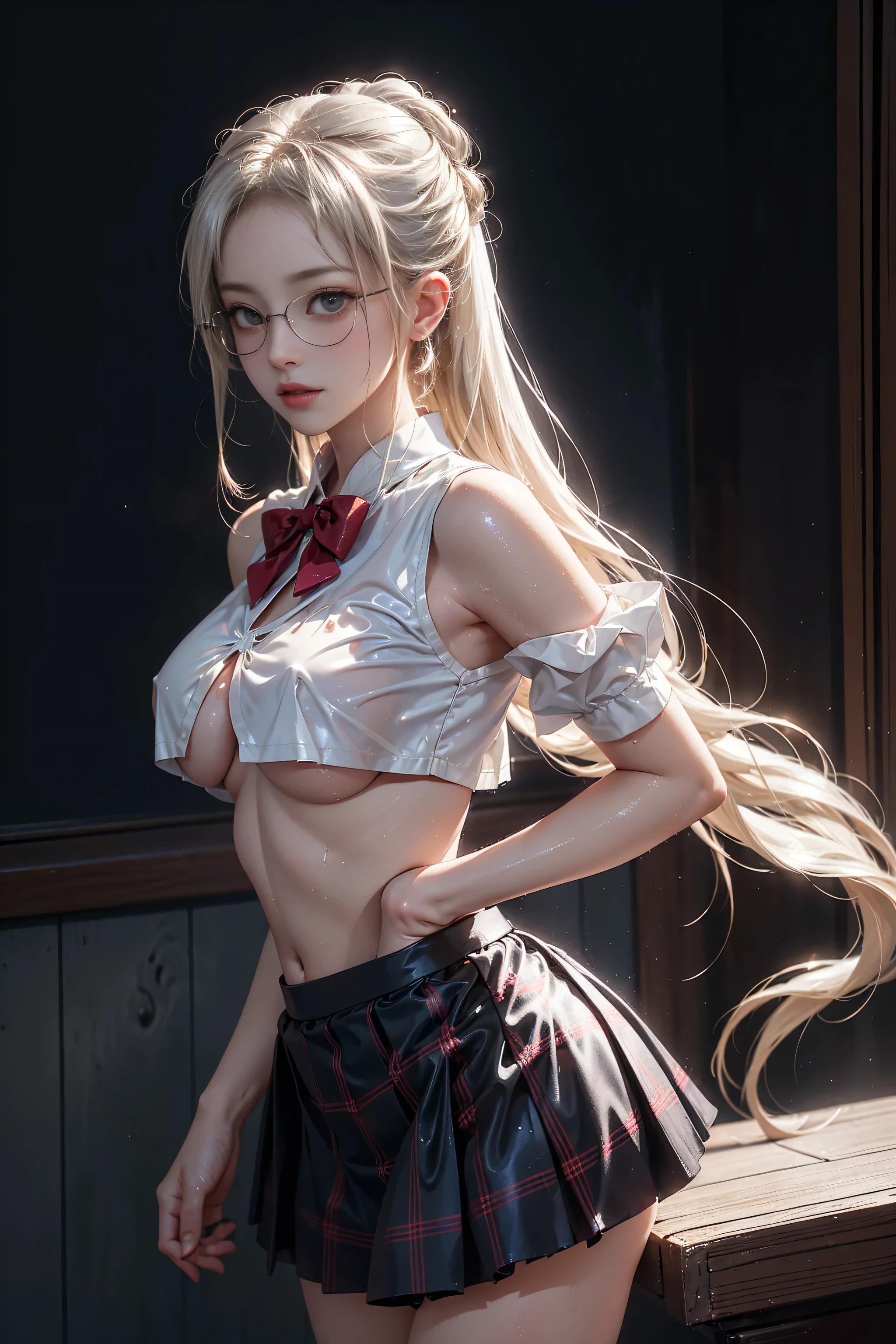 （(Girl Standing In Bathroom)）、((Rear view))、((look back))、Highest quality works、Actual work、Ultra Premium Graphics、8K HD CG Works、High quality graphics、High-definition CG works、10x pixels、Extremely fine detail：1.1、Advanced technical details：1.1 Photorealistic、Indoor Lighting Effects：1.5、Natural light：1.5。Lighting Effects（Virtual Lighting Effects：1.8），Long silver hair（(Eyes closed)），Thin eyebrows，High nose，Clean red lips，Rose Cheeks，Subtle makeup face，Cute Face，Perfectly balanced face，（Girl），A light-toned foundation enhances the clarity of your skin.。 ((High school girl standing in the shower room)),((Translucent wet white blouse、Red bow tie、Navy blue checked skirt)). 40k, photograph, Tabletop, Highest quality, Rain Background, ((Gorgeous wet light haired girl with beautiful eyes1 person, She has a beautiful face and))、((Wear glasses, ))。White skin, Mr.々A pose. ((Medium sized chest,:1.1)), Highest quality, Tabletop, Ultra-high resolution, (Real:1.4), RAWphotograph, (Perfect figure), (slim:1.3), Slim abdomen, Perfect slim figure, Dynamic Pose, (((Large :0. 9))、one person、Cold light 12000K、Highly detailed face and skin texture、Fine grain、Realistic eyes、Beautiful fine grain、(Real skin)、charm、Ultra-high resolution、surreal、Very detailed、((Soaking wet))、1 girl、(Light on face and chest)、(((((underboob)))))、Lower chest、Oily skin、Are thin、(The underside of the chest is slightly visible)、(I can see under my chest、Belly button and ribs visible)、The hips and lower abdomen are visible、((Pull up your skirt))、((White panties are visible))、