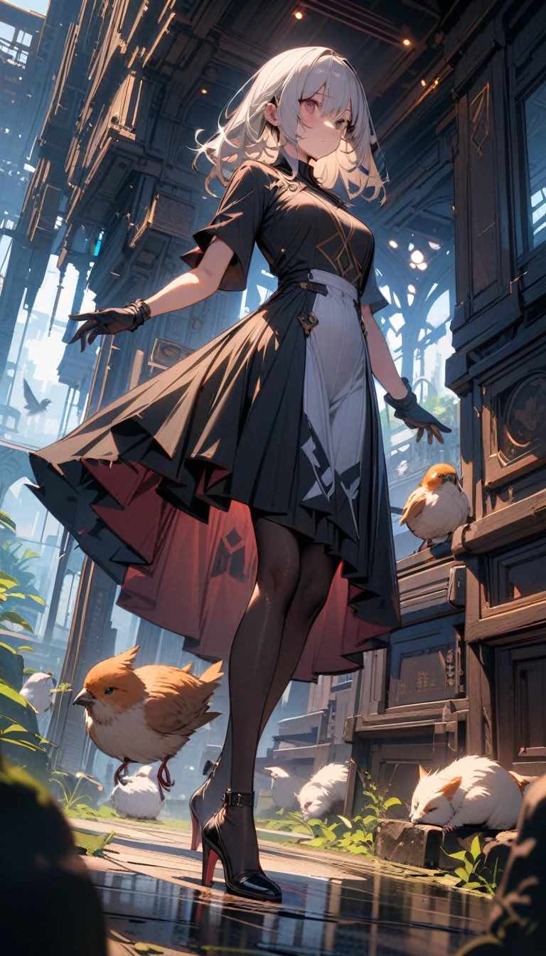 ((best quality)) , ((masterpiece)) , (detailed)，((1 female)),I found that the birds and animals I drew today seemed to lack some agility.，High heel，((whole body))