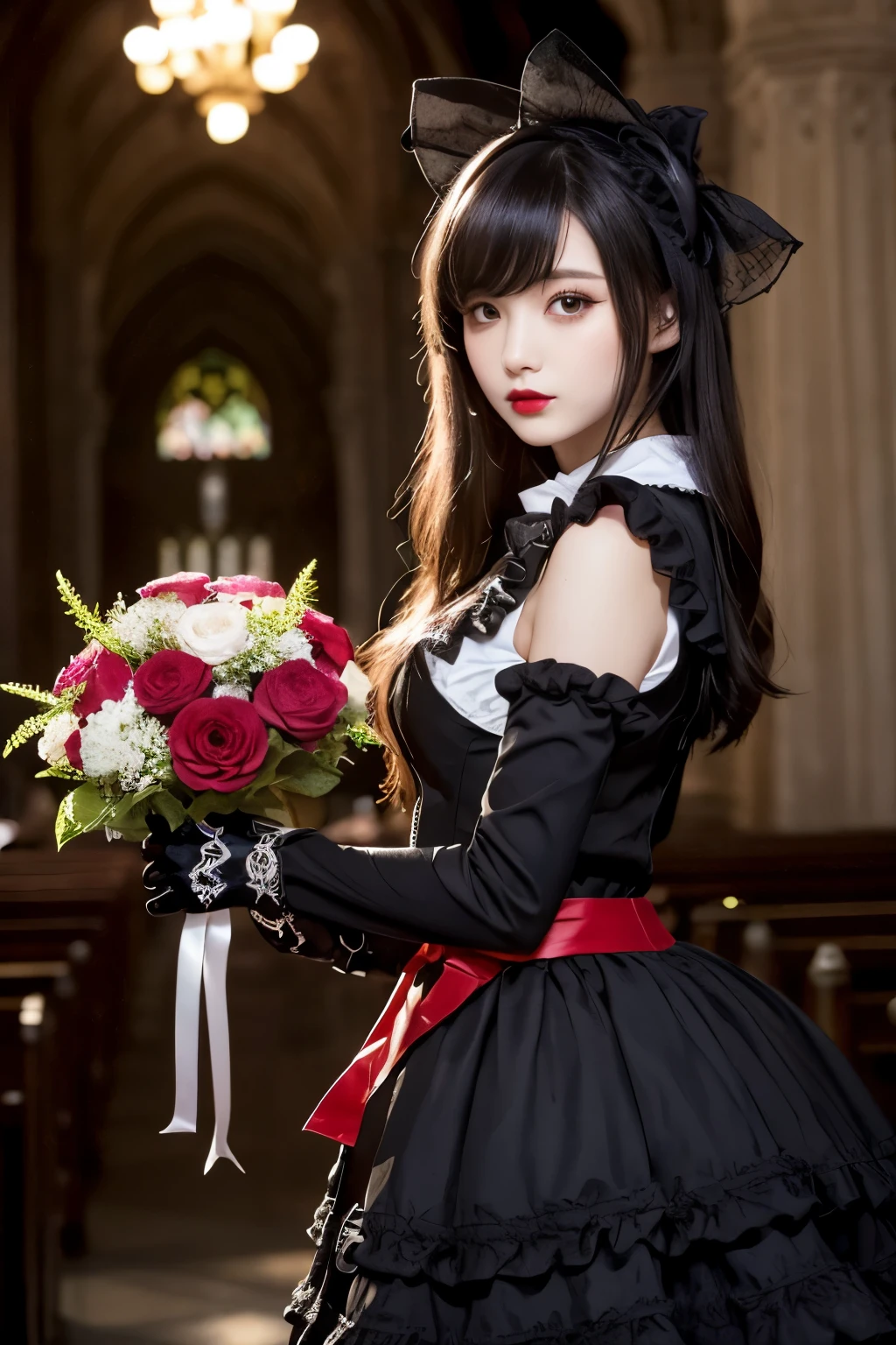 In the image、There is a female character wearing a dark, gothic ta outfit.。She bends one leg a little、She strikes a confident pose、In her left hand she holds a bouquet of flowers with a red ribbon.。The character has long silver hair with black streaks.、Her hairstyle is decorated with a red ribbon.。Her makeup is dramatic、Dark eyeliner and red lipstick accentuate her striking look.。
She is wearing a black dress with puff sleeves and a high collar.、Embellished with intricate stitching and a belt that cinches the waist。The skirt has layers of ruffles、There is a noticeable red layer underneath the black fabric.、Adds contrast and flare。She also、She is wearing black gloves to match the gothic theme.。
In the background、You can see a Gothic church with arched windows and a pointed roof.、It enhances the overall dark and mysterious atmosphere.。The lighting is natural、Insert from the right side、It creates shadows that highlight the texture and detail of the dress and accessories.。
The overall feel of the image is dramatic and bold.、It captures the essence of Gothic Loliashion with a touch of romantic elegance.。