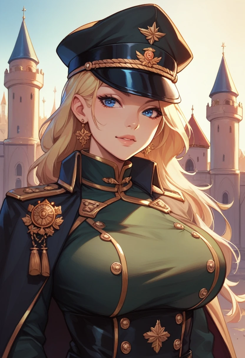 Woman with long blonde hair, blue eyes, He wears a black Prussian military uniform with gold details., He wears a black military cap with gold details., Black Cape, Large Breasts, Outside the big castle.

