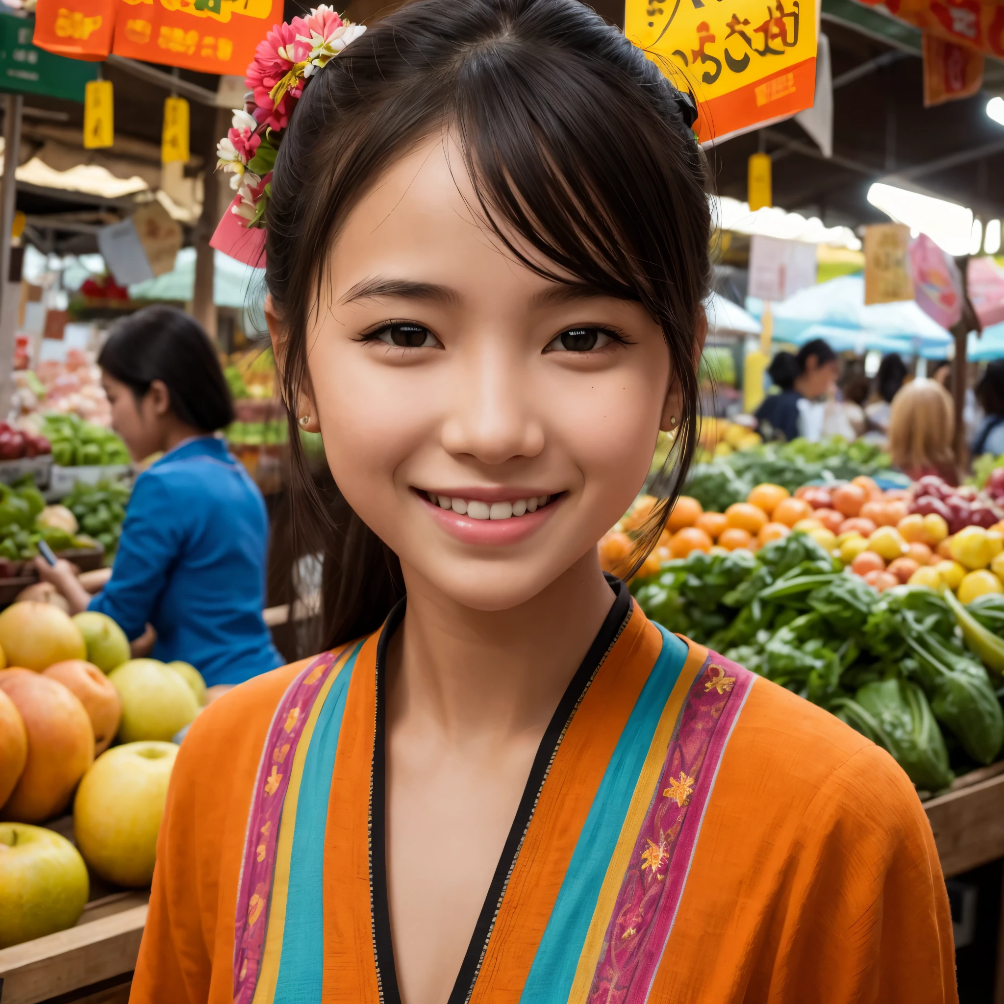 girl, solo, smile, in the exotic market