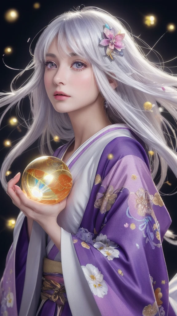 (masterpiece:1.3), (8k, photorealistic, raw photo, highest quality:1.4), (one girl), beautiful face, (realistic face), (long hair), (silver hair, near white hair, shiny hair, beautiful straight hair), (even bangs), (Sharp bangs), straight hairstyle, realistic eyes, beautiful detailed eyes (purple eyes), (sharp eyes), (realistic skin), beautiful skin, (kimono), (magician's kimono), (flower hair ornament), attractive, ultra high resolution, ultra realistic, highly detailed, golden ratio, colorful background, (flowers blooming), (energy dancing background), magician, facing forward, facing from shoulders, looking straight ahead, both shoulders facing towards you, holding crystal ball, (heart crystal ball, love crystal ball).Anatomically correct, Highest quality, accurate, High resolution, Facing forward,