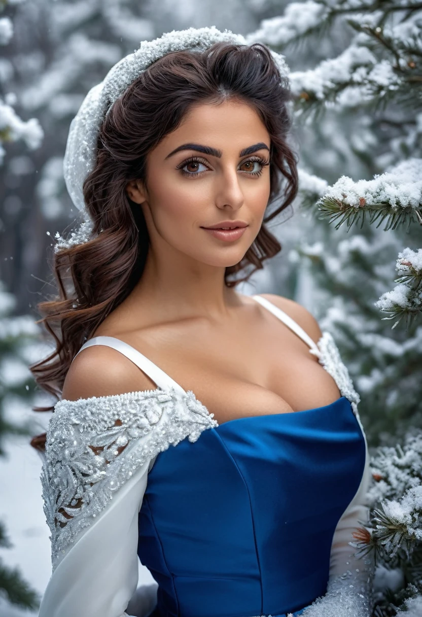 (fullbody photo:2.0) of two spouses: (a 25-year-old iranian woman, brown skin, triangular shaped face, brown eyes, long wavy hair, dark brown hair, busty, wearing a white winter wedding dress), embracing (a 28-year-old iranian man, brown skin, jawline, square jaw, short full beard, brown eyes, short hair, dark brown hair, muscular, fit body, wearing a blue groom suit), in an enchanted snowy garden, winter, (8k, photorealistic, RAW photo, best quality:1.4),