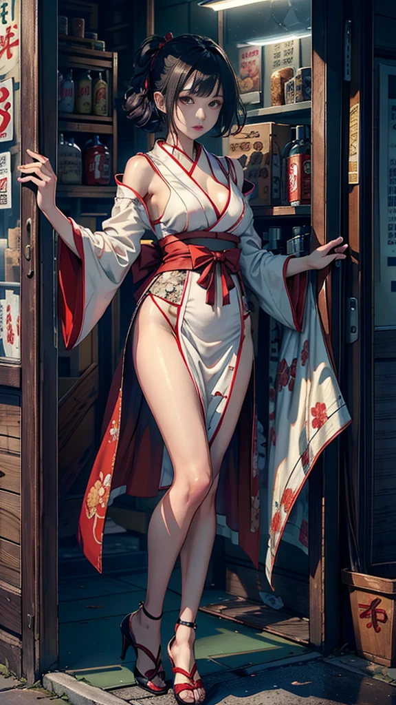 ((Extremely detailed CG unit 8k wallpaper, masterpiece, A high resolution, quality,)), ((one very beautiful woman, of expressions, lush lips, pose like model:1.5,High heel, upper part of body, Japanese style short outer box, Japanese design super lost short sleeves,Japanese patterned robe)), (disheveled black hair, White-skinned, small), ((corner store,the night,Bright street )),