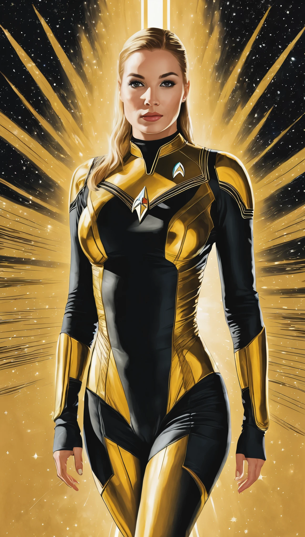 (masterpiece:1.2),(Black and gold bicolor vector art:1.4),Jody Berghsma style,(Vector Flat:1.2),(Sci-fi movie posters:1.6),Sexy Woman,Space Body Suit,star trek style,Milky Way,planet,Spaceship,adventure