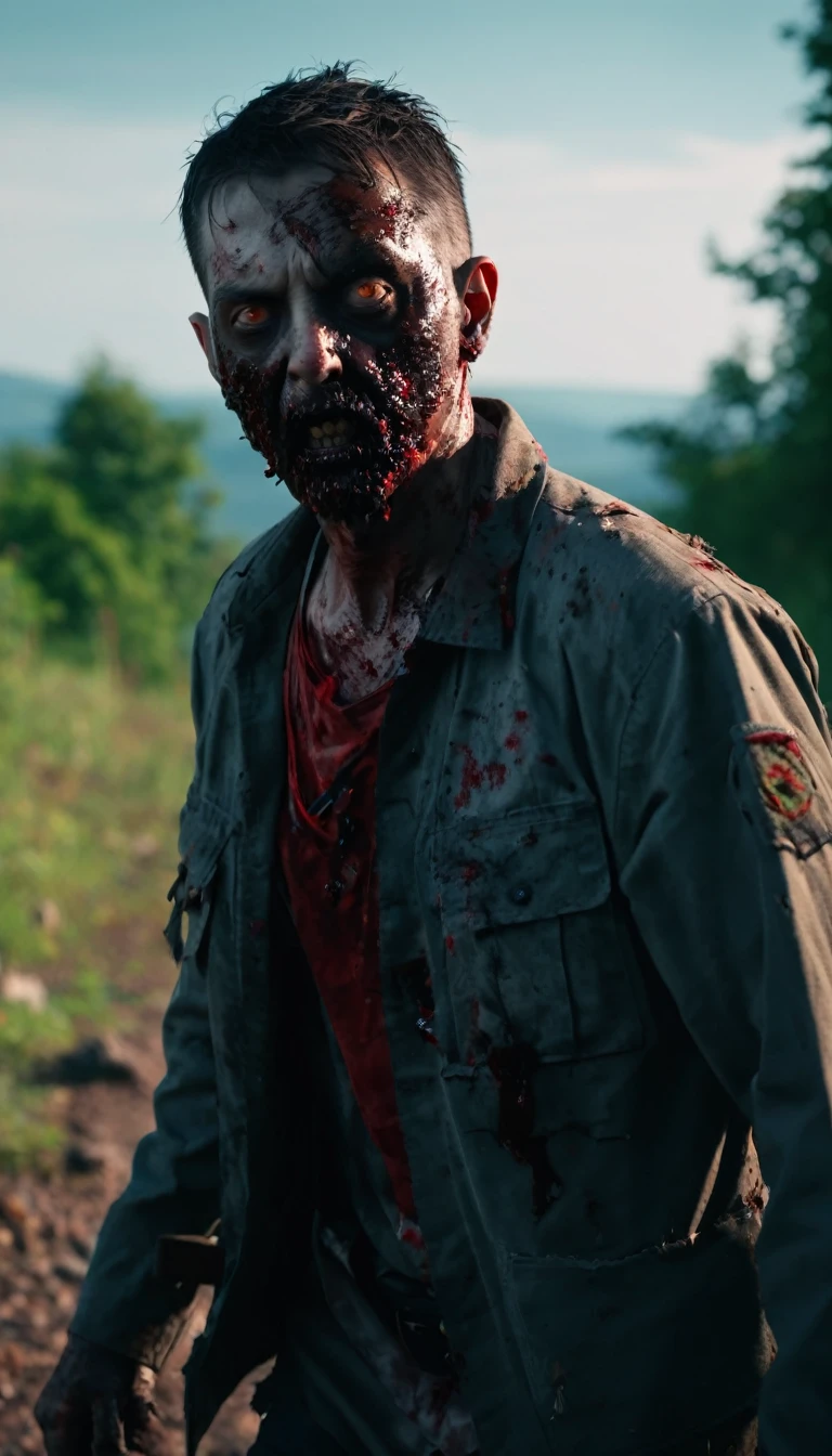((Close-up of zombie, hunting, gore)), slow walking, torn clothes, bloodshot eyes, creepy, cinematic backdrop. Photo taken with Canon EOS R5 85mm f/11 Camera, ((sharp)) mode of people and surrounding scenery. Image quality ((8K)), ((lifelike)), ((masterpiece)), ((sharp and highest contrast)), ((great depth of field)), ((light stereolithography)).