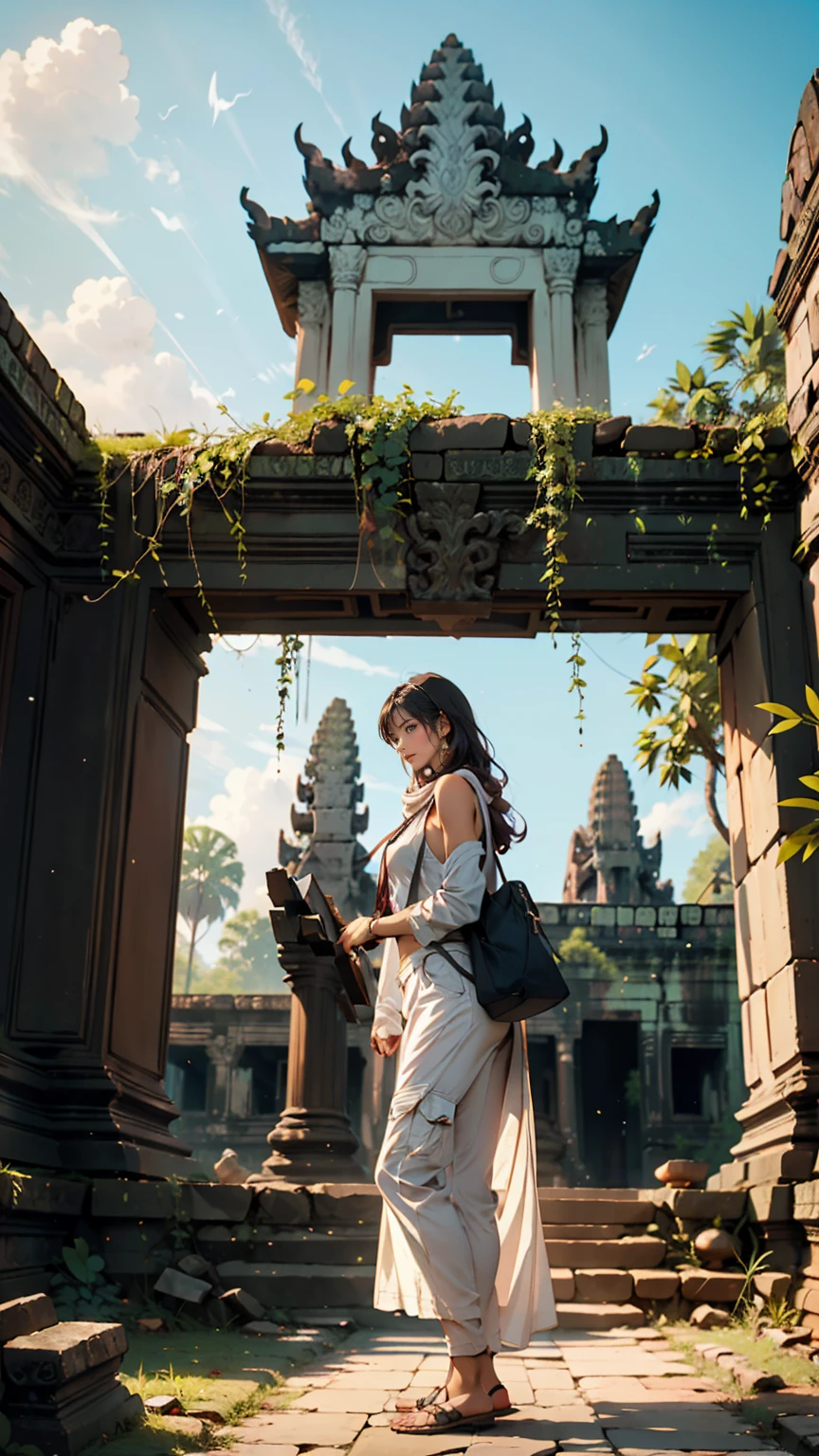 A woman explores the ruins of Angkor Wat in Cambodia。She's wearing cargo pants and a tank top、She has a scarf wrapped around her head。The backdrop is a historic stone temple and the jungle.、Antique ruins are scattered at her feet.