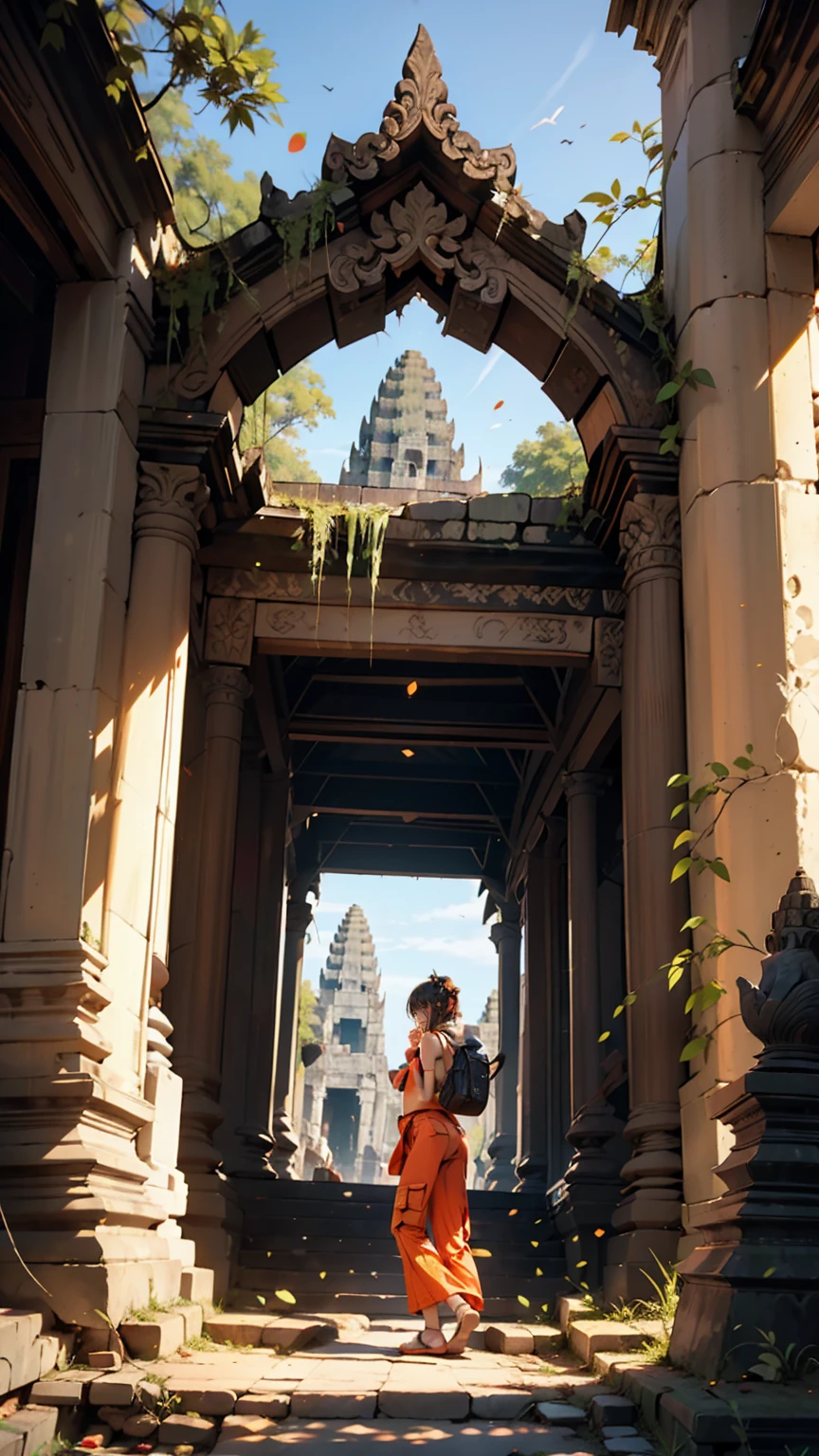 A woman explores the ruins of Angkor Wat in Cambodia。She's wearing cargo pants and a tank top、She has a scarf wrapped around her head。The backdrop is a historic stone temple and the jungle.、Antique ruins are scattered at her feet.