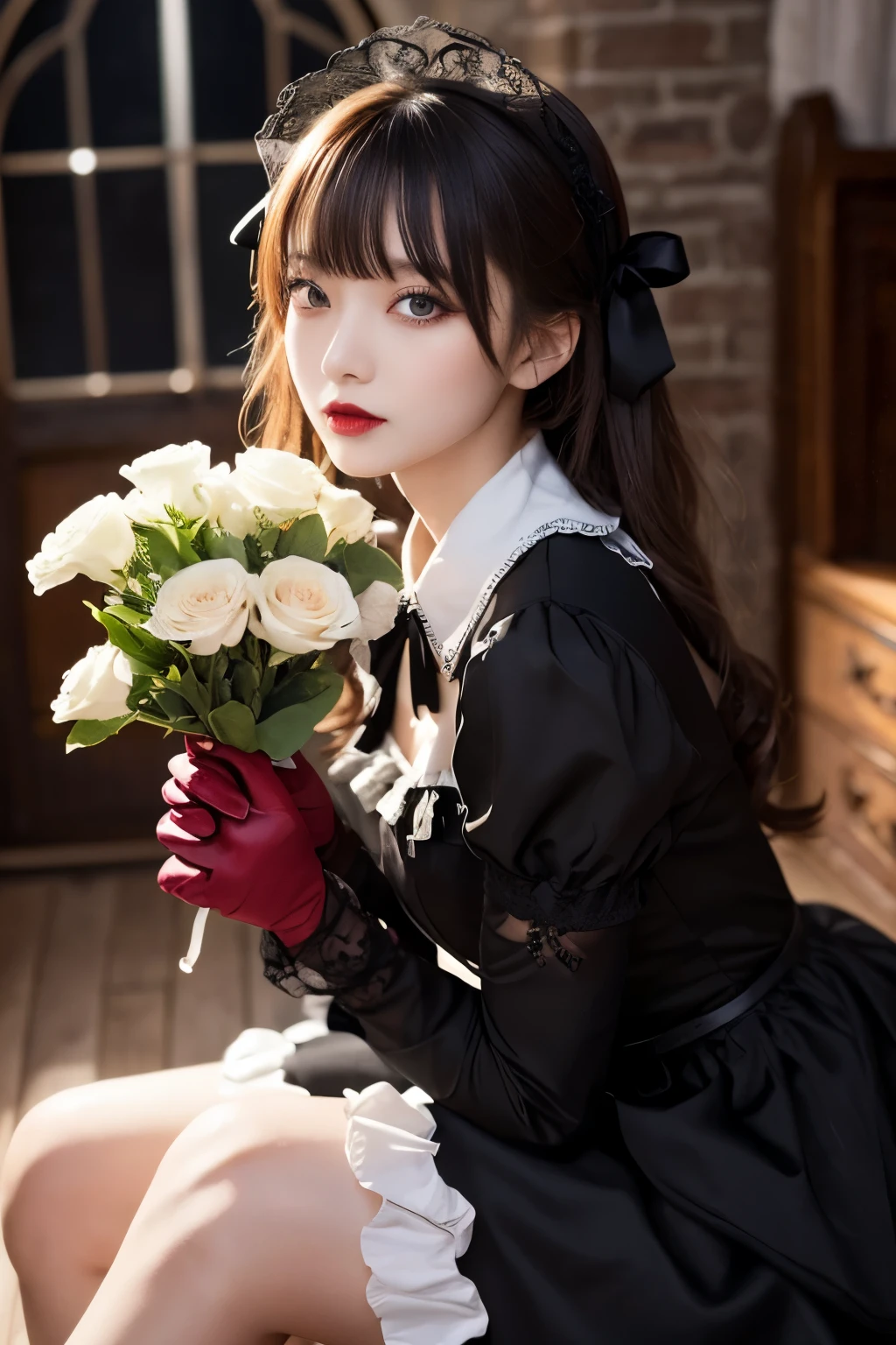 In the image、There is a female character wearing a dark, gothic Lolita outfit.。She bends one leg a little、She strikes a confident pose、In her left hand she holds a bouquet of flowers with a red ribbon.。The character has long silver hair with black streaks.、Her hairstyle is decorated with a red ribbon.。Her makeup is dramatic、Dark eyeliner and red lipstick accentuate her striking look.。

She is wearing a black dress with puff sleeves and a high collar.、Embellished with intricate stitching and a belt that cinches the waist。The skirt has layers of ruffles、There is a noticeable red layer underneath the black fabric.、Adds contrast and flare。She also、She is wearing black gloves to match the gothic theme.。

In the background、You can see a Gothic church with arched windows and a pointed roof.、It enhances the overall dark and mysterious atmosphere.。The lighting is natural、Insert from the right side、It creates shadows that highlight the texture and detail of the dress and accessories.。

The overall feel of the image is dramatic and bold.、It captures the essence of Gothic Lolita fashion with a touch of romantic elegance.。