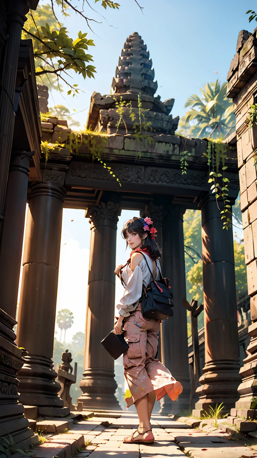 A woman explores the ruins of Angkor Wat in Cambodia。She&#39;s wearing cargo pants and a tank top、She has a scarf wrapped around her head。The backdrop is a historic stone temple and the jungle.、Antique ruins are scattered at her feet.
