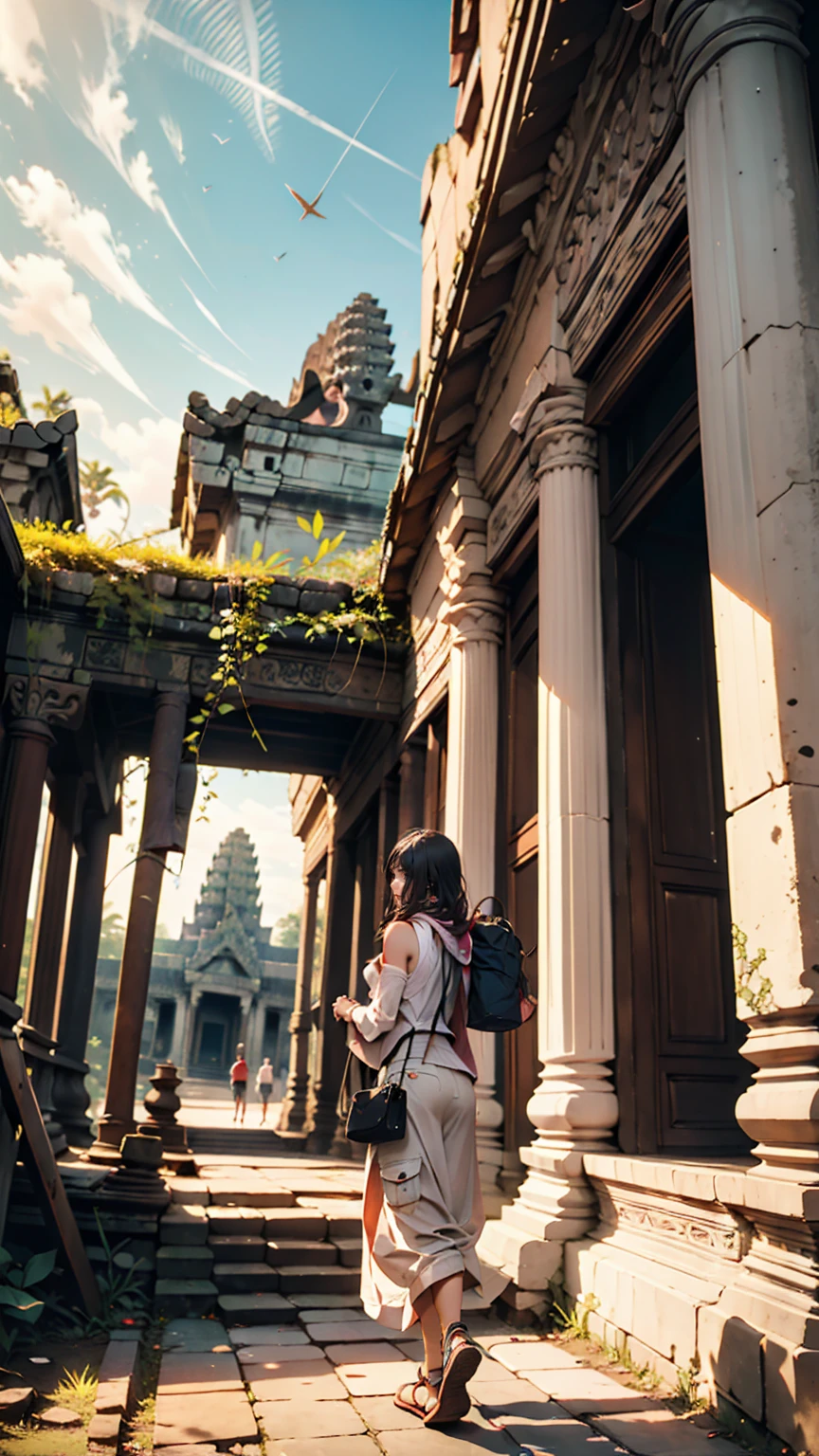 A woman explores the ruins of Angkor Wat in Cambodia。She&#39;s wearing cargo pants and a tank top、She has a scarf wrapped around her head。The backdrop is a historic stone temple and the jungle.、Antique ruins are scattered at her feet.