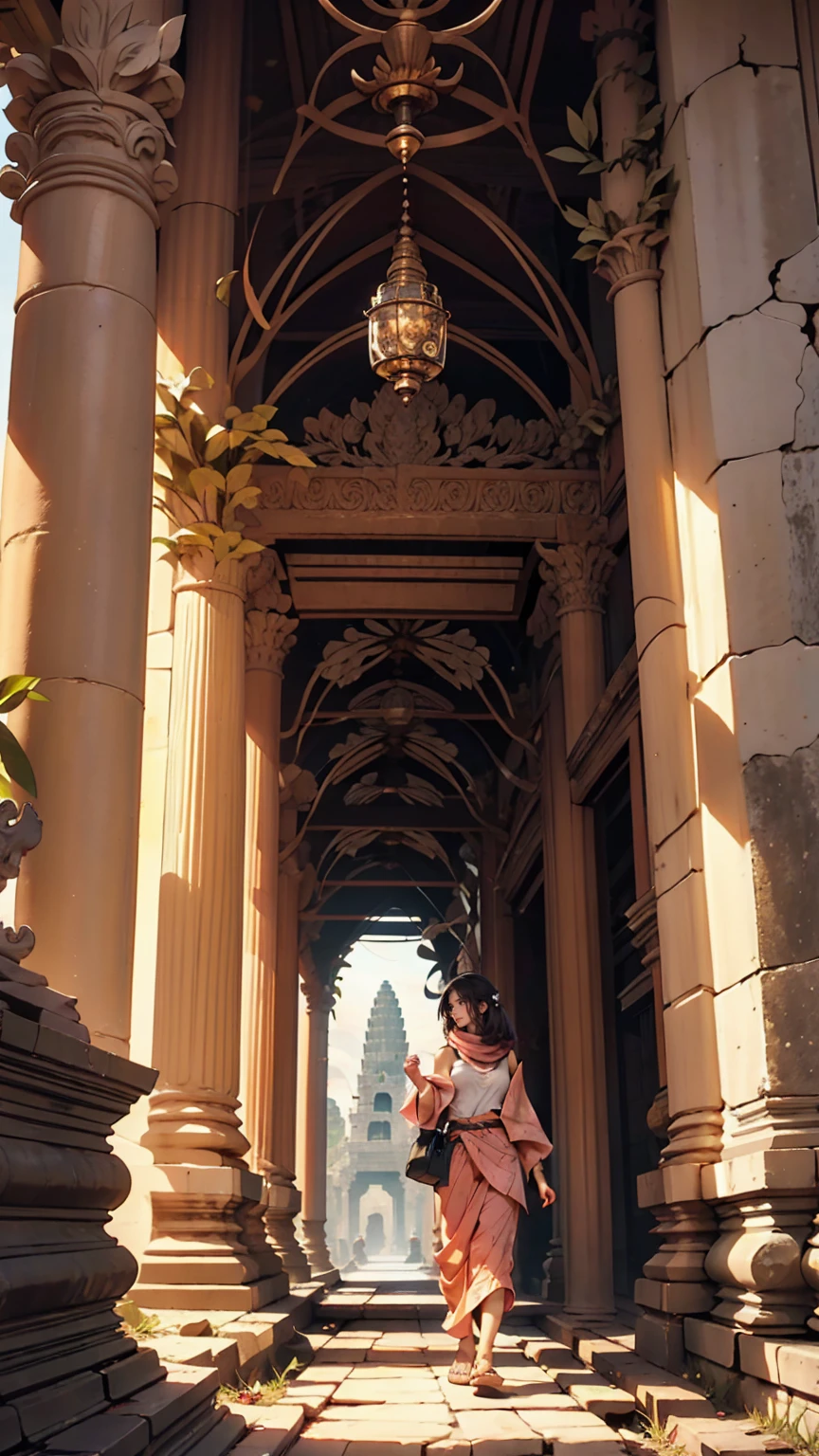 A woman explores the ruins of Angkor Wat in Cambodia。She's wearing cargo pants and a tank top、She has a scarf wrapped around her head。The backdrop is a historic stone temple and the jungle.、Antique ruins are scattered at her feet.