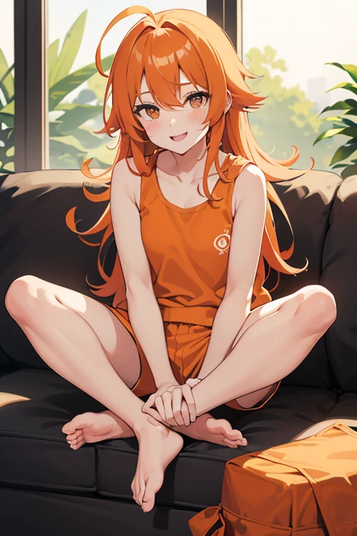 orange hair,conjunctivitis,smile,Blush,open your mouth,long hair,Ahoge,Orange tank top,shorts,Barefoot,Hold the condom with both hands.,sitting on the sofa,daytime,The sky is clear.,　　　　　　　　　　　　　　　break indoors, room, 　　　　　