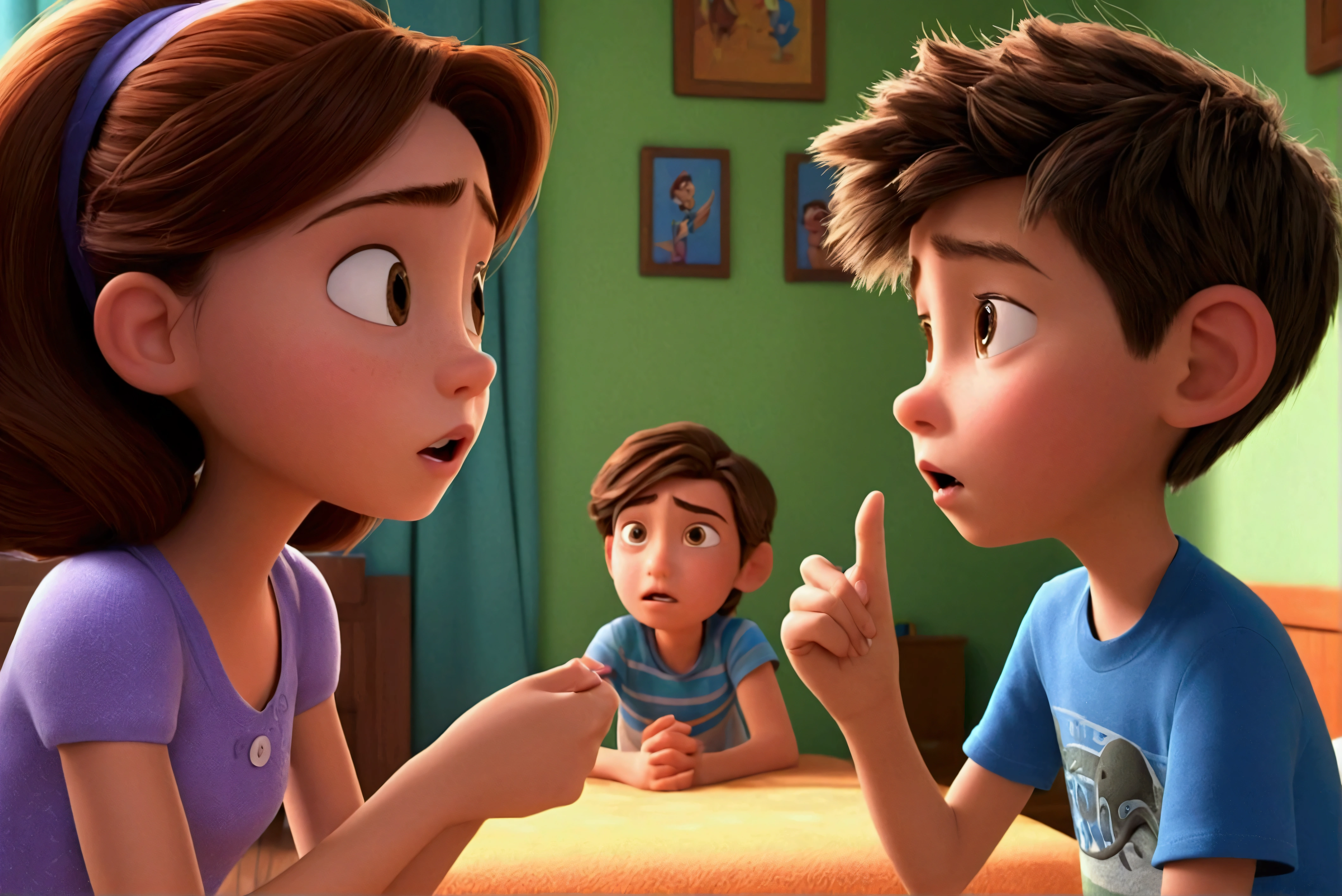  In room A girl and a boy, the girl is talking angrily with the boy, style 3D Disney Pixar high definition cartoon, Muita pipoca, obra-prima, melhor qualidade, realista, ultra detalhado,