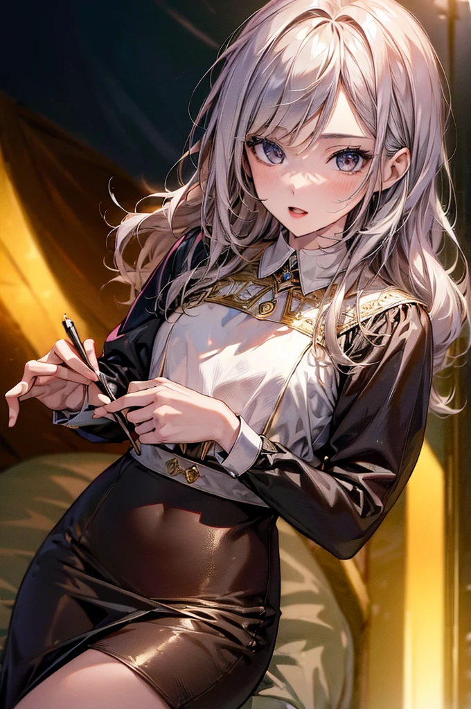 (masterpiece, high resolution, best quality,highres:1.5), CG, illustration, delicate face, cute face, shiny hair, shiny skin, kawaii, sparkling pupils, shiny enamel suit, latex, {pencil skirt | slightly flared skirt}, looking back, silver hair, BREAK black eyes, full body