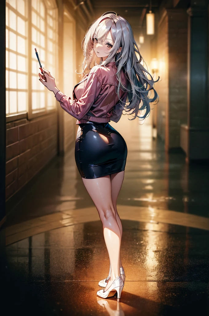 (masterpiece, high resolution, best quality,highres:1.5), CG, illustration, delicate face, cute face, shiny hair, shiny skin, kawaii, sparkling pupils, shiny enamel suit, latex, {pencil skirt | slightly flared skirt}, looking back, silver hair, BREAK black eyes, full body